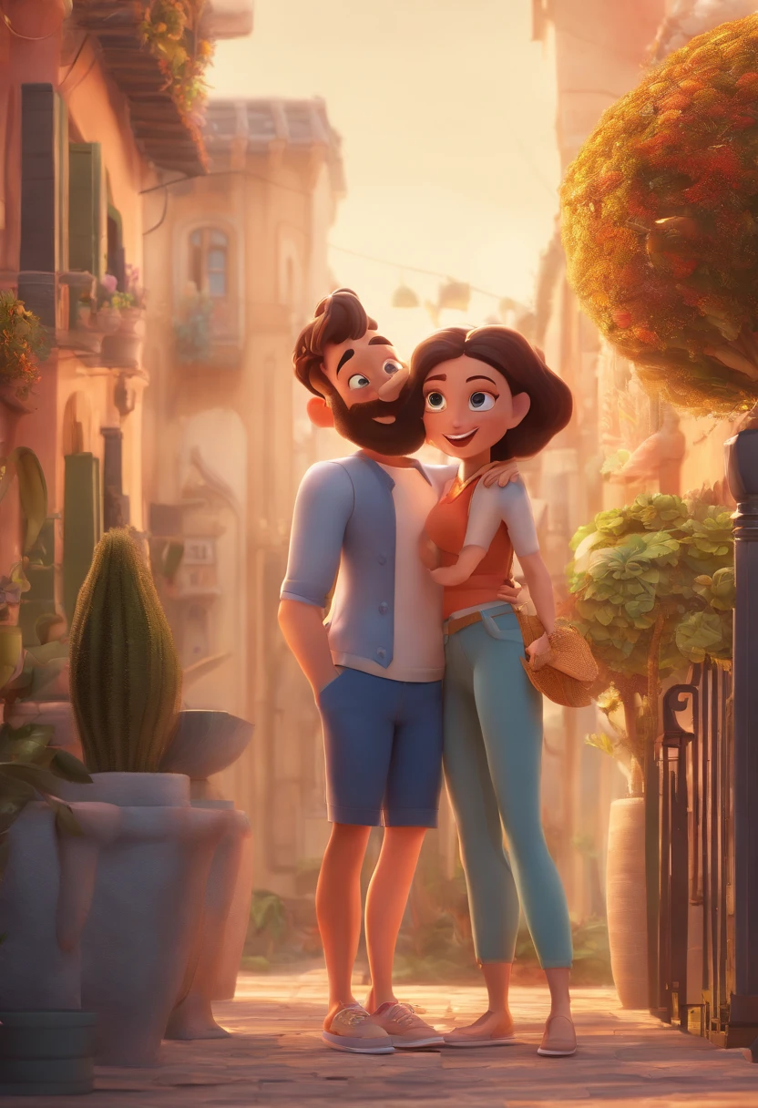An illustration of an adorable couple, Destacando um homem e uma mulher com beleza, Expressive eyes – the man's hair is bald and brown and he has a full beard, While the woman's hair is tied up in a bun and blonde. They are a bright space, Todos com um sorriso no rosto, e compartilhe um momento especial, That is marked by love, viagem, and pedagogical insights. Ilustre esta cena a partir de uma perspectiva, where they're facing away from the camera, Show Your Connection. Desenvolva esta arte em Full HD, Focus on your cinematic touch, Estilo Disney Pixar Animations