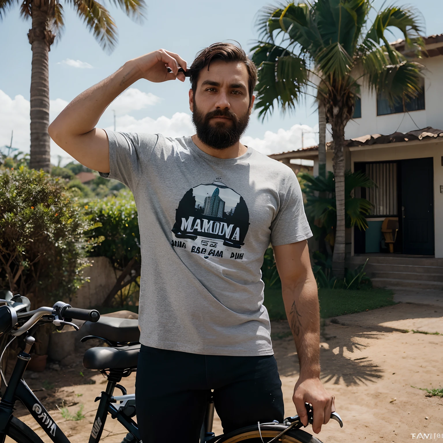 Criar personagem pixar de um homem alto, com barba e cabelo preto, camiseta estampada segurando um copo de choopp ao lado de uma brasilia bege, com uma bicicleta em cima e paisagem de natureza ao fundo