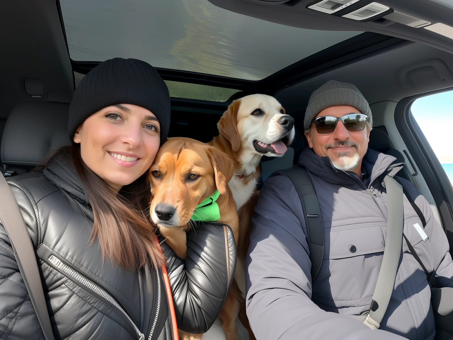 there are three people and two dogs in the back of a car, with dogs, by Teresa Fasolino, by Petr Brandl, taken on iphone 14 pro, vacation photo, by Stefan Gierowski, by Bernie D’Andrea, having a great time, by Emma Andijewska, by Federico Zuccari, momma and papa
