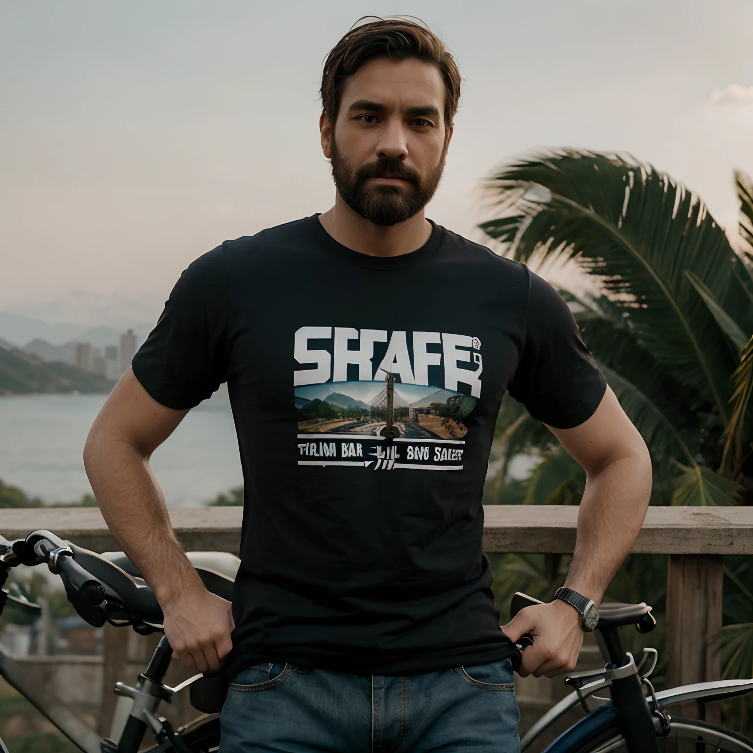 Criar personagem pixar de um homem alto, com barba e cabelo preto, camiseta estampada segurando um copo de choopp ao lado de uma brasilia bege, com uma bicicleta em cima e paisagem de natureza ao fundo