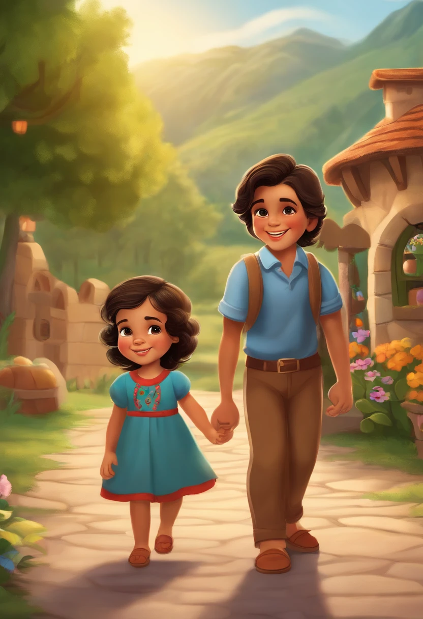 Boy: Miguel, approximately 5 , short Disney style hair, brown eyes and smiling. Girl: Giovana, 2 years oldack hair and blue eyes. Scenario: Miguel and Giovana are in a cozy little house in the valley, in the background a sunny day, highlighting the sun.