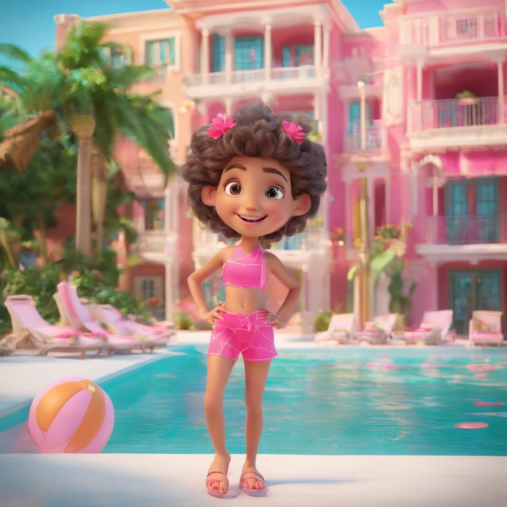 Criar uma menina de 8 anos, cabelo claro na altura dos ombros, green and pink swimsuit, olhos castanhos esverdeados, pele clara, boca rosada, sorrindo e brincando na piscina, Disney Scenery.