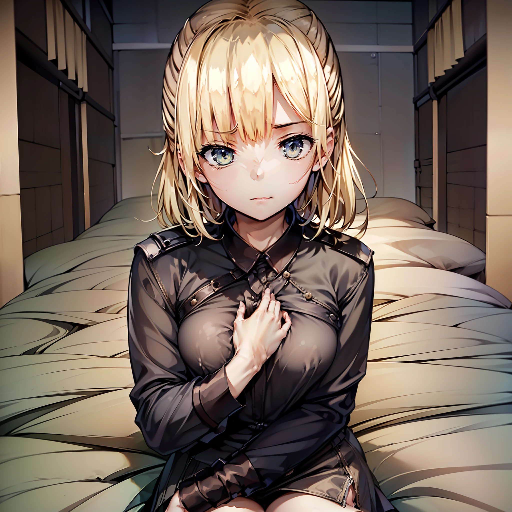 top-quality、Top image quality、masterpiece、femele((cute little、a blond、Black Y-shirt、middlebreasts、Chest is open、A slender、embarassed face、Sit on the bed))hiquality、depth of fields、Background with((Nice and clean room.))