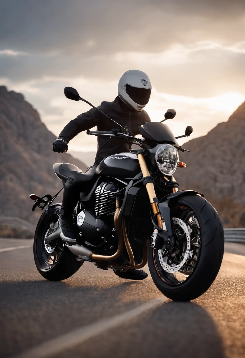 Make a boy in a black jacket on a white sports bike from the triumph brand, pixar, 3d, disney