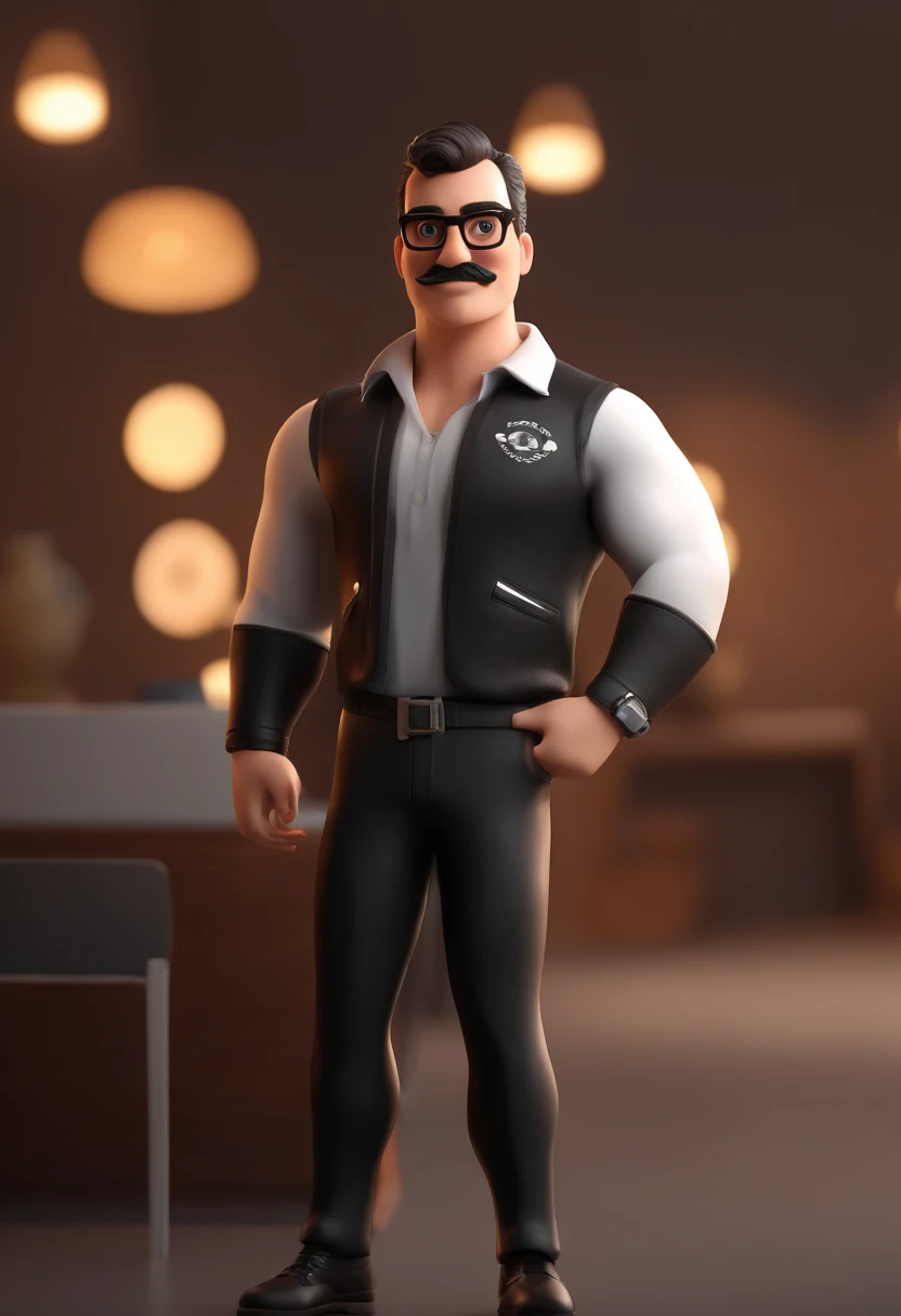 Cartoon character of a young man in black glasses with mustache, beard and low hair in gradient style, with a black t-shirt standing making a pose and in the background his advertising office, Caractere estilizado, animation style rendering, 3D estilizado, Arnold Maya render, 3 d render stylized, toon render keyshot, Personagem 3D, Personagem 3D, 3d rendering stylized, 3 d character render, personagem de desenho animado, Personagem de close up, Pose de personagem, (Estilo Pixar) (master part:1.2) (Bokeh) (best quality) (pele detalhada) (textura detalhada) (8k) (argila) (Cinematic lighting) (foco nítido