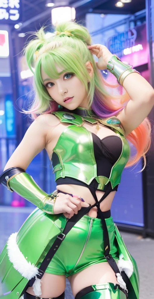 A cute and mysterious idol girl、whole body、Good style、、、、、、、、、、Thick legs、、Gold and fluorescent green armor suit dress、Neat and clean idol face、、、