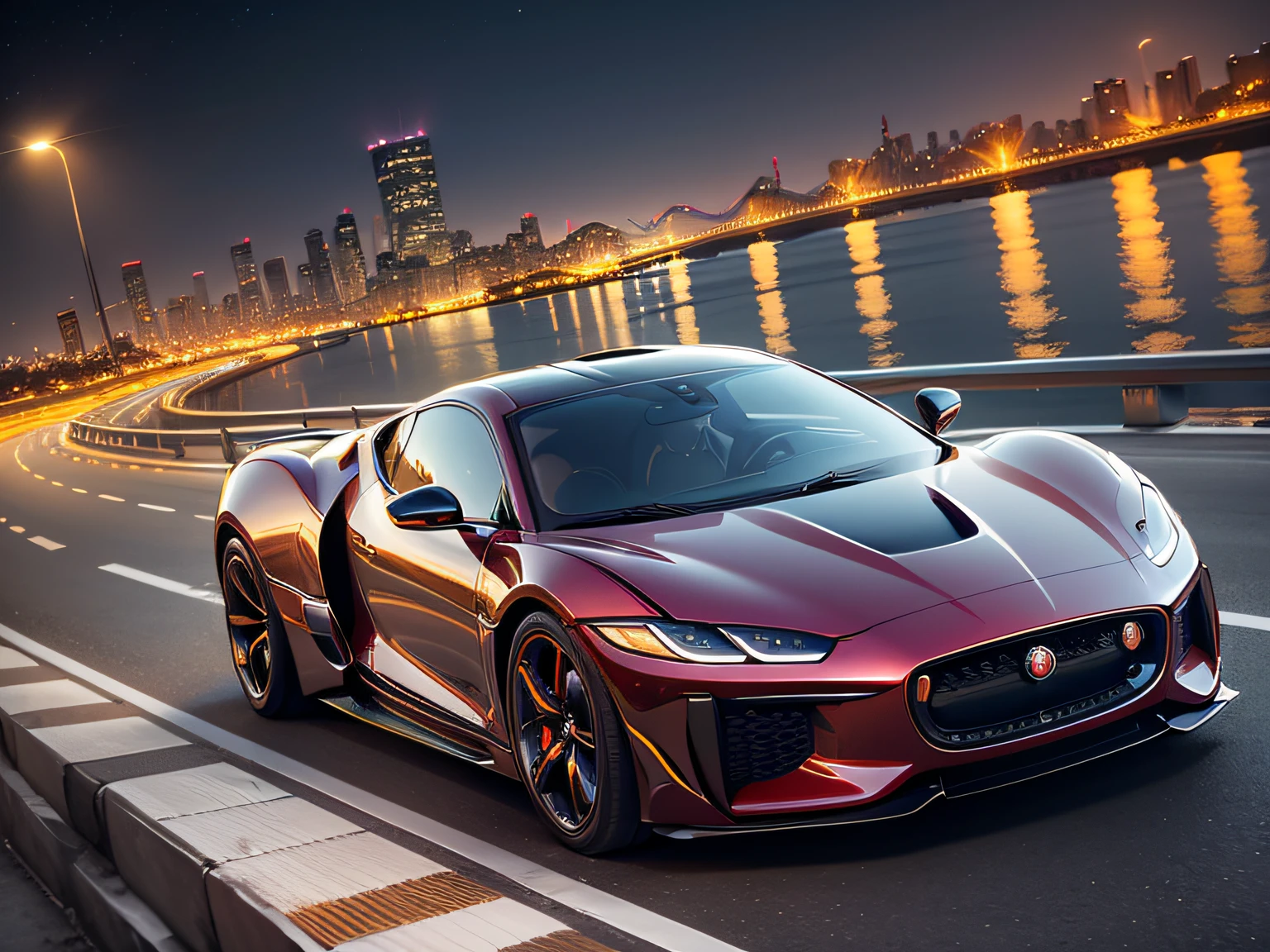 超A high resolution、An ultra-high picture quality、8K、Detailed details、marvelous expression、Big city at night、 Jaguar C-X75(METALIC RED)Driving on the highway、Turn on the headlights、Ride beautifully through the highway at night、