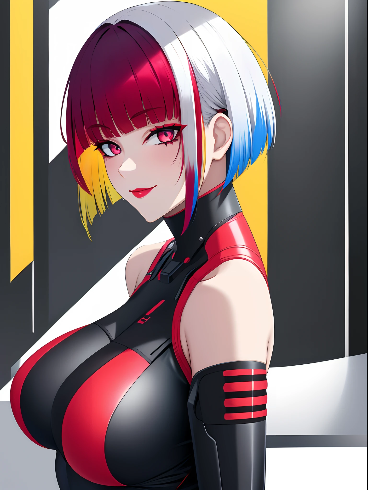 1girl, lucy \(cyberpunk\), solo, looking at viewer, cyberpunk, short hair, yellow background, smile, bare shoulders, red eyeliner, makeup, red lips, looking back, parted bangs, upper body, cyborg, multicolored eyes, bodysuit, closed mouth, white hair ,cyberpunk \(series\), cyberpunk edgerunners,(mature female),(masterpiece:1.2),(best quality:1.2),