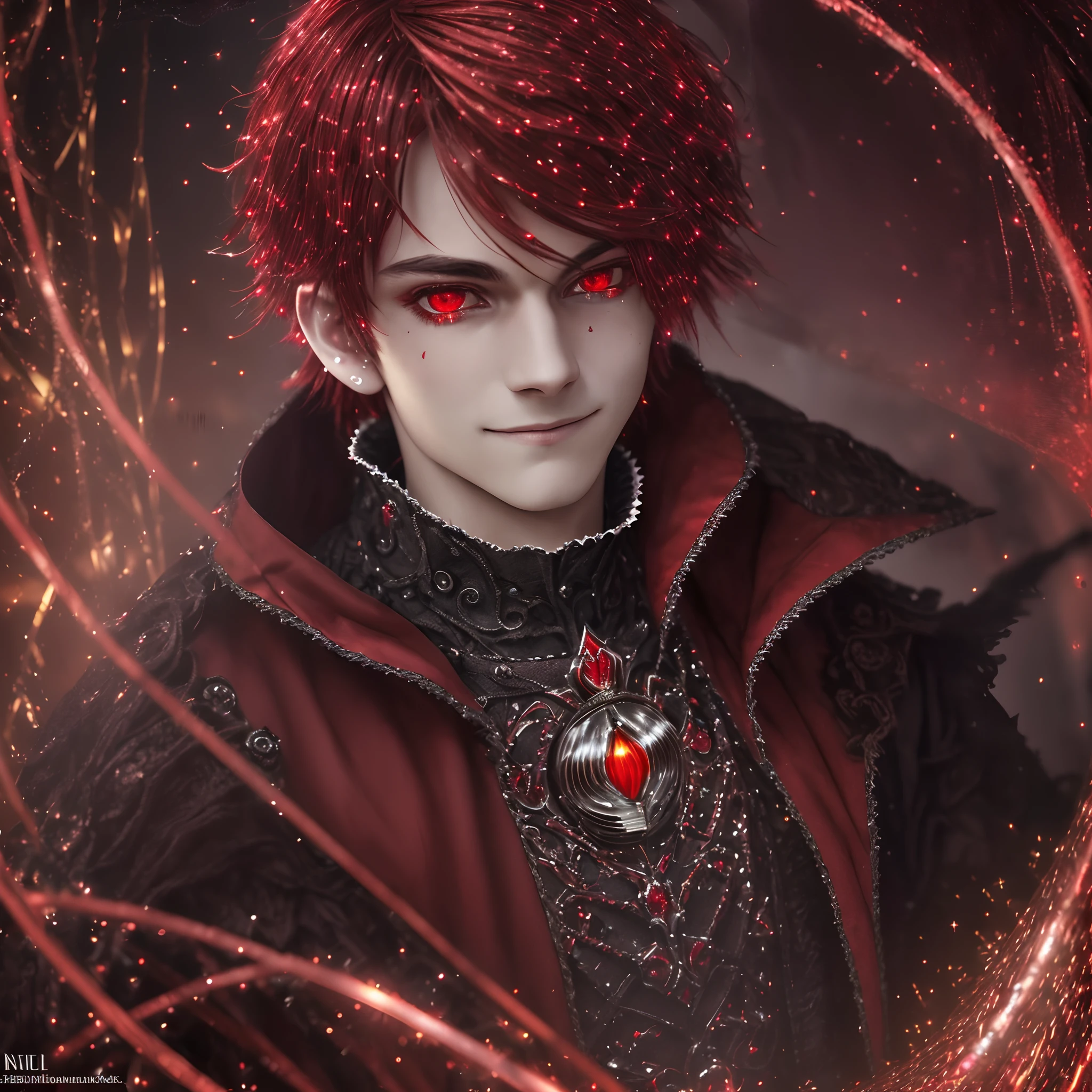 Best quality, hyper-high detail, Extremely detailed eyes, Detailed face, Male face, A boy, Brown hair long, ((Red incandescent sparkling eyes:1.4)), Gothic static background with blood spreading, He wears the clothes of a medieval cardinal, His smile was creepy, Dark, Darkness - Niji:5 – Gothic Cinematic Lighting – Paramount & Wit Studios --s2