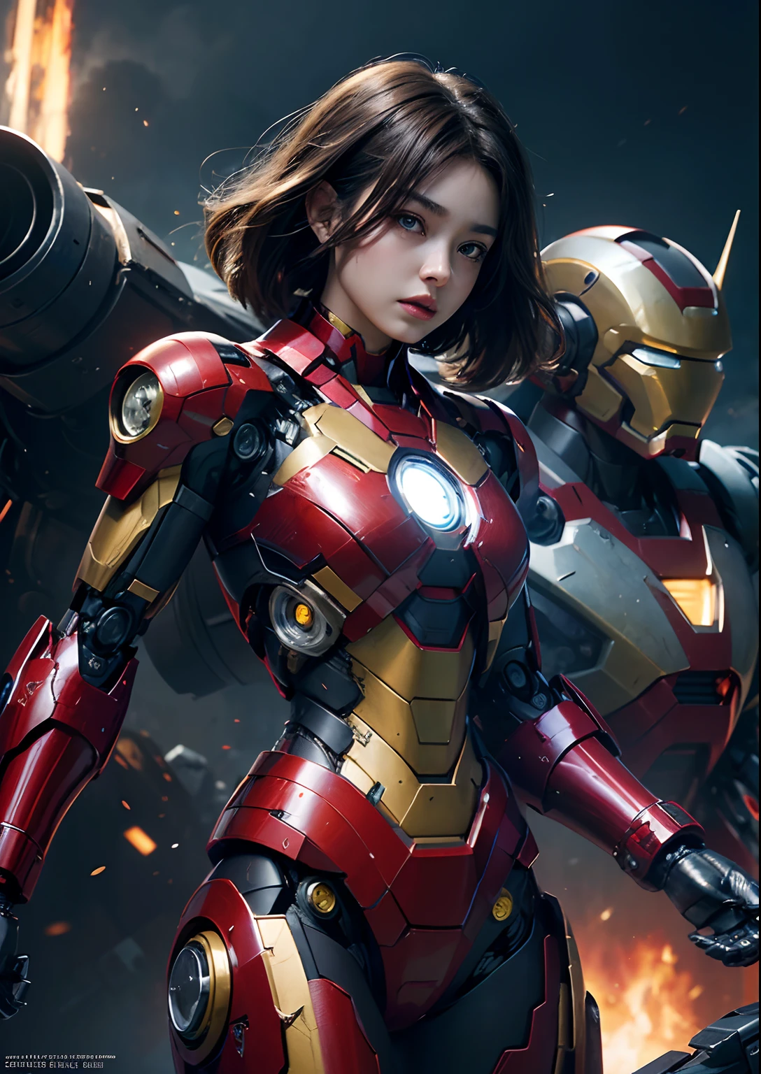 Textured skin, Super Detail, high details, High quality, Best Quality, hight resolution, 1080p, hard disk, Beautiful,(Iron Girl),beautiful cyborg woman,Mecha Cyborg Girl,Battle Mode,Girl with a Mecha Body,She wears an Iron Man mech,Fulll body Shot