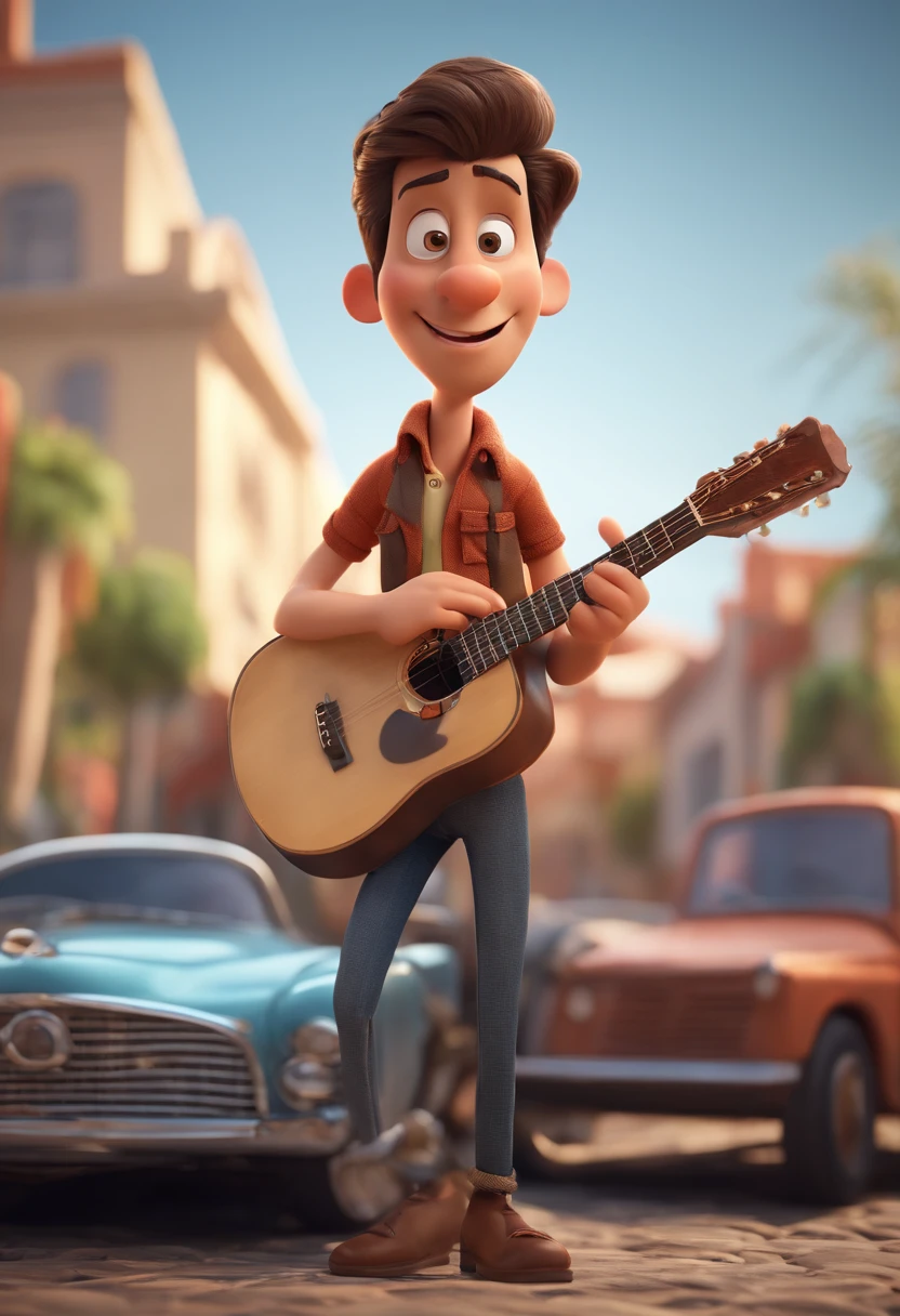 Cartoon character of a man without glasses, sem barba, cabelo raspado e uma camisa preta, animation character, guitar on the back, Caractere estilizado, animation style rendering, 3D estilizado, Arnold Maya render, 3 d render stylized, toon render keyshot, Personagem 3D, Personagem 3D, 3d rendering stylized, 3 d character render, personagem de desenho animado, Personagem de close up, Pose de personagem, (Estilo Pixar) (master part:1.2) (Bokeh) (best quality) (pele detalhada) (textura detalhada) (8k) (argila) (Cinematic lighting) (foco nítido