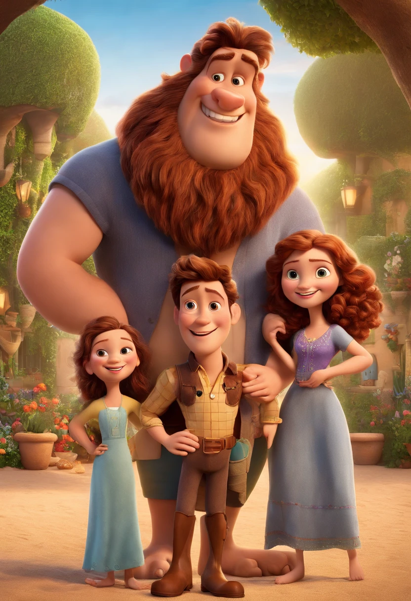 a Disney Pixar movie poster showing a white-skinned family. The father is the tallest, Tem barba curta, loiro, cabelos curtos e espinhosos. The mother has brown eyes and hair, shoulder-length and is slightly overweight. A  tem 4 anos e cabelos castanhos, roupa rosa e rabos de cavalo. The background is a beach garden. 3D-rendering