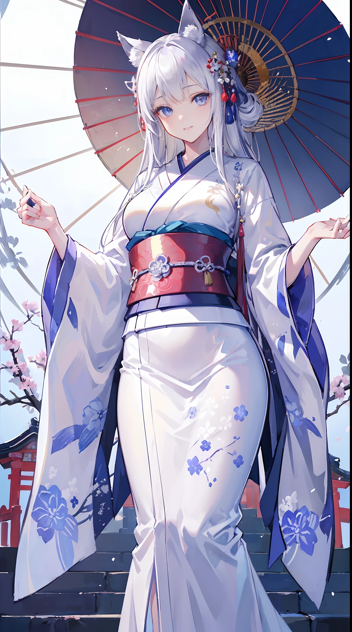((masterpiece:1.2)), ((highest quality)), Highly detailed and delicate illustration style, detailed skin texture, detailed cloth texture, extreme detailed description, (T-mastepiece), super fine illustration, highly detailed face, raw photo, professional, ultra-fine painting, Intricate details, super details, intricate ornament details, perfect anatomy, real, (Highly beautiful and cute silver fox woman or silver fox girl with blue eyes wearing a kimono), ((beautiful silver fox ears)), (beautiful silver fox tail), beautiful normal breasts, (beautiful and shiny silver hair), (Beautiful clear blue eyes), (detailed beautiful eyes:1.6), ((Japanese shrine maiden style: 1.7)), (Detailed traditional costume), Front view, White floral kimono, Red hakama long skirt, maxi skirt, dress modestly, Smile, ((Standing and looking at me)), ((daytime)), (Highly detailed and beautiful Japanese shrine building), (8K highest quality wallpaper), (Highly detailed and delicate background)