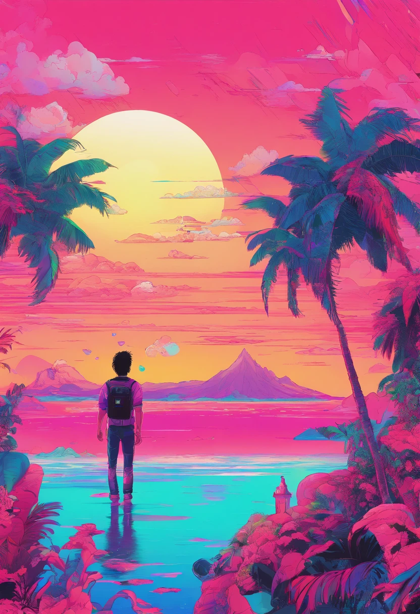 A young man with long black hair and a vest standing in front of the ocean with a blue sky, (1girl:0.955), (franja:0.575), (olhos negros:0.572), (cabelos pretos:0.709), (blue skies:0.985), (boca fechada:0.536), (Cloud:0.927), (dia:0.980), (horizonte:0.816), (Roupas japonesas:0.511), (lips:0.764), (cabelos longos:0.775), (Olhando para o Viewer:0.811), (nariz:0.534), (oceano:0.950), (ao ar livre:0.734), (Realistic:0.814), (heaven:0.988), (sozinho:0.937), (parte superior do corpo:0.557), (water:0.600)