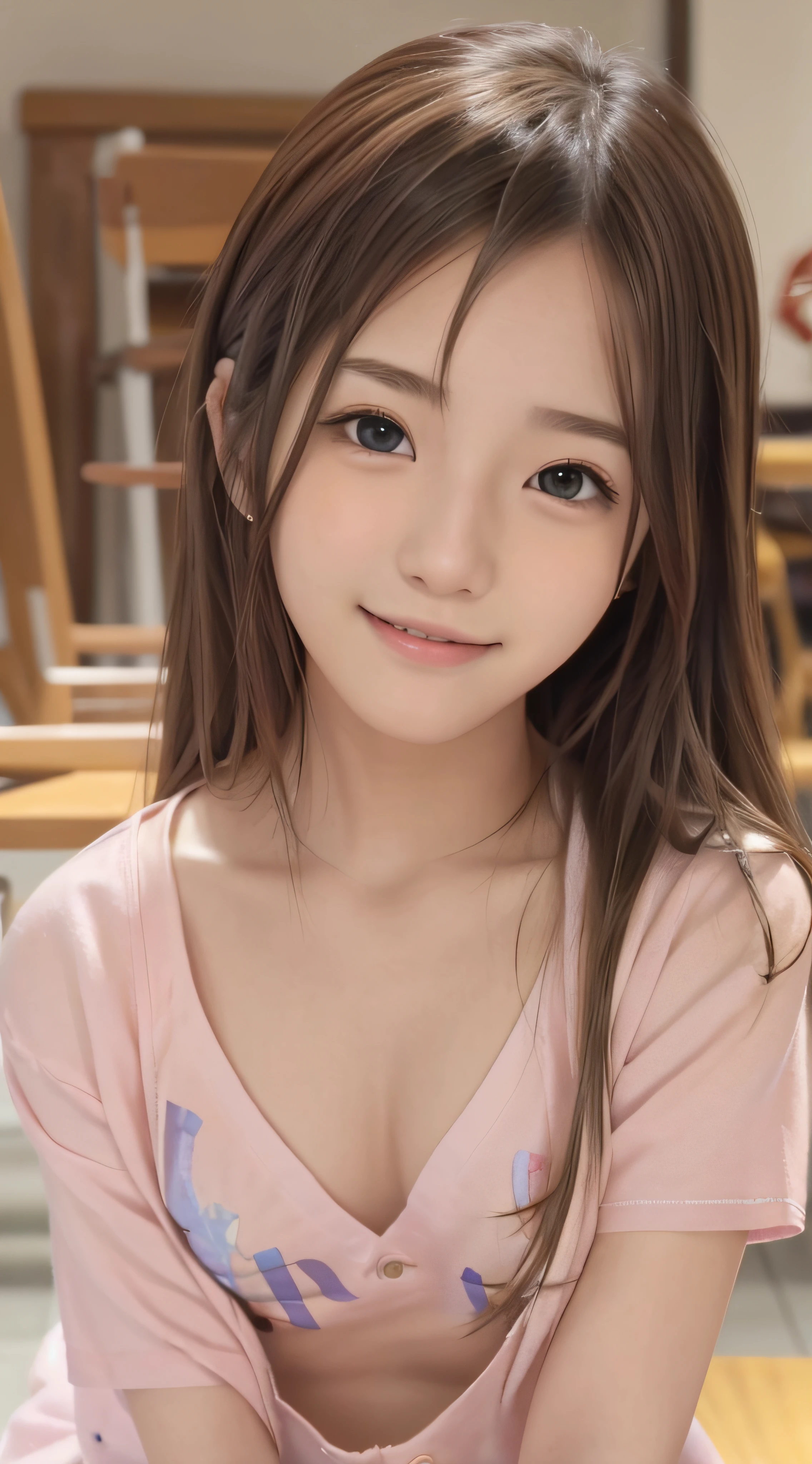 18year old、a smile、brown haired、beautidful eyes、real looking skin、hi-school girl、Bright illustration、small tits、(8K、masterpiece)、(reallistic、Photorealsitic)、top-quality、ighly detailed、The ultra-detailliert、Beautie、cute little、japanes、Idol