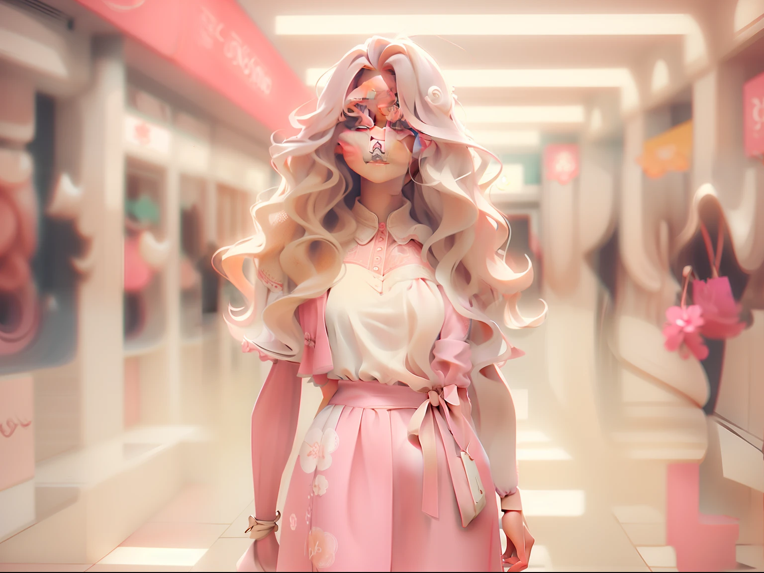 A girl standing with long wavy blond hair , olhos castanhos claros,com um vestido rosa claro em um shopping seios volumosos alta com um rosto corado uma bolsa branca