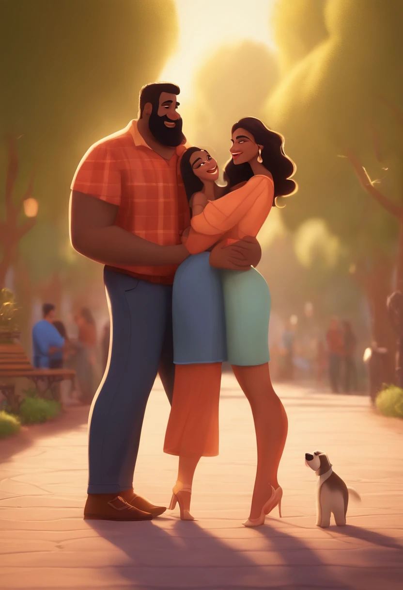 Image of a couple for a story in a YouTube video in Pixar format, He is tall, fat, black-haired and bearded, Ela baixa e gorda cabelos ruivos lisos olhos bem grandes, He's shy, She is playful and dresses very relaxed. They're in a park strolling in love