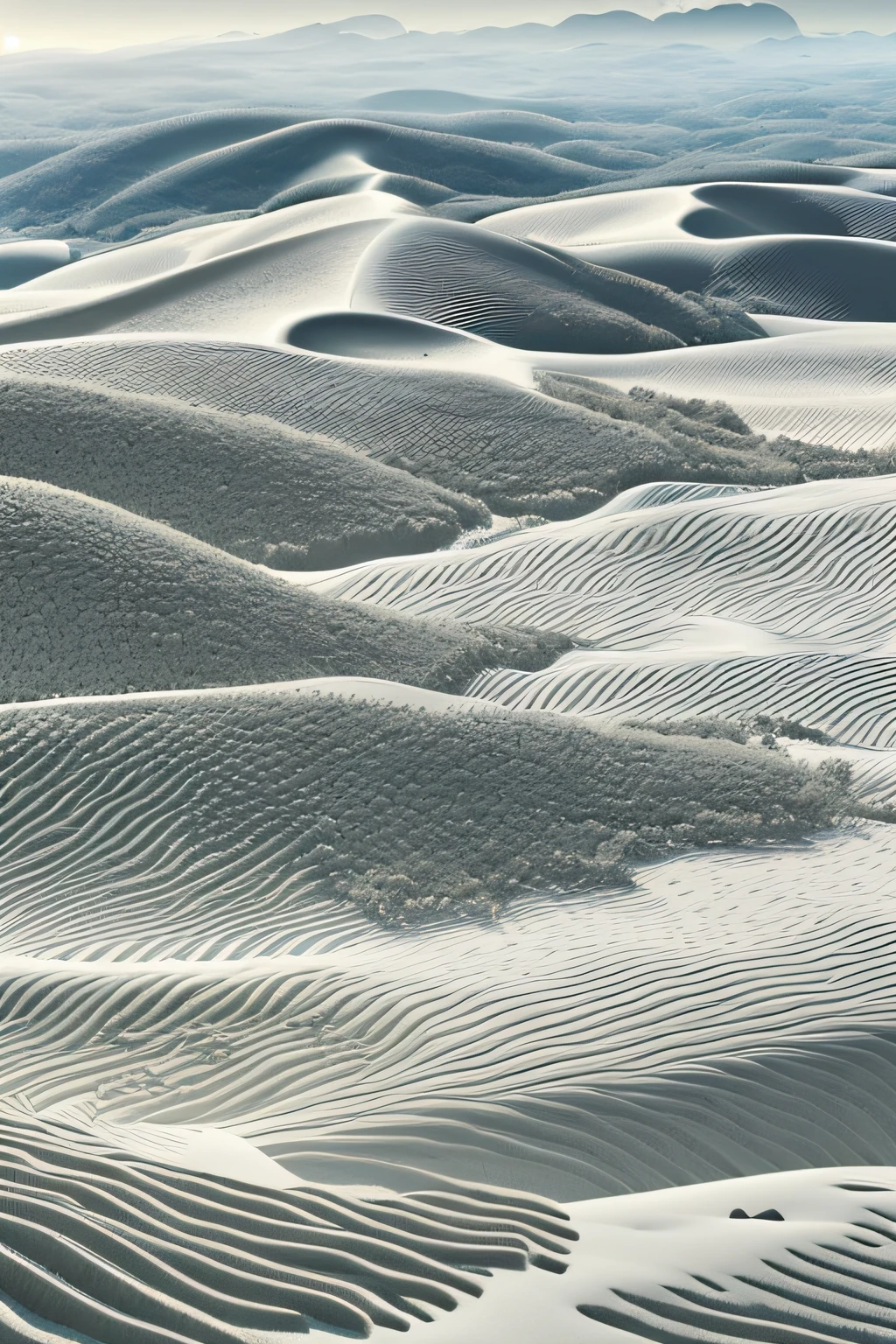 Monochromatic white landcape, made of gridlines and dots, isometric, mountains, hills, valleys, no people, no buildings, no roads, no trees or other detail.