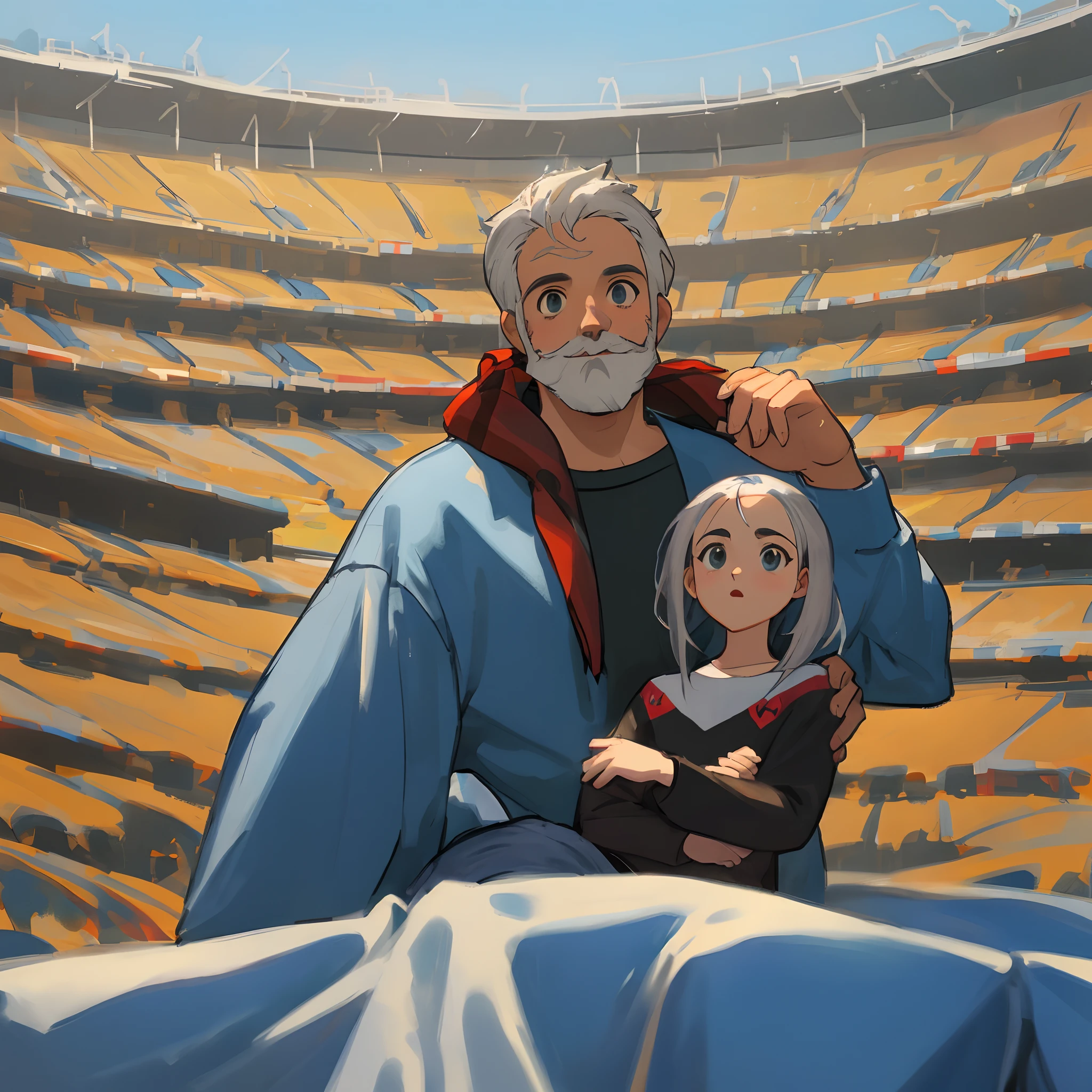 Personagem de desenho pixar, homem 38 anos, barba serrada, olhos castanhos, cabelos castanhos, penteados de lado, corpo normal, usando calsa jeans azul, camisa do sao paulo futebol clube, em frente ao estadio cicero pompeu de toledo