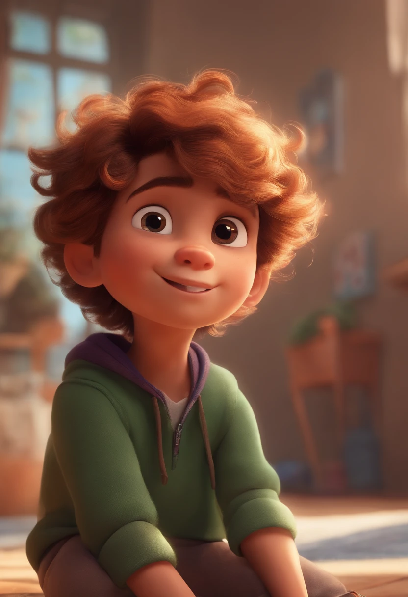 Image of a boy for a story in a YouTube video in Pixar format, He's the little allabester, He's the class leader, He's outgoing, Playful and gets up for a lot of things, cabelo curto
