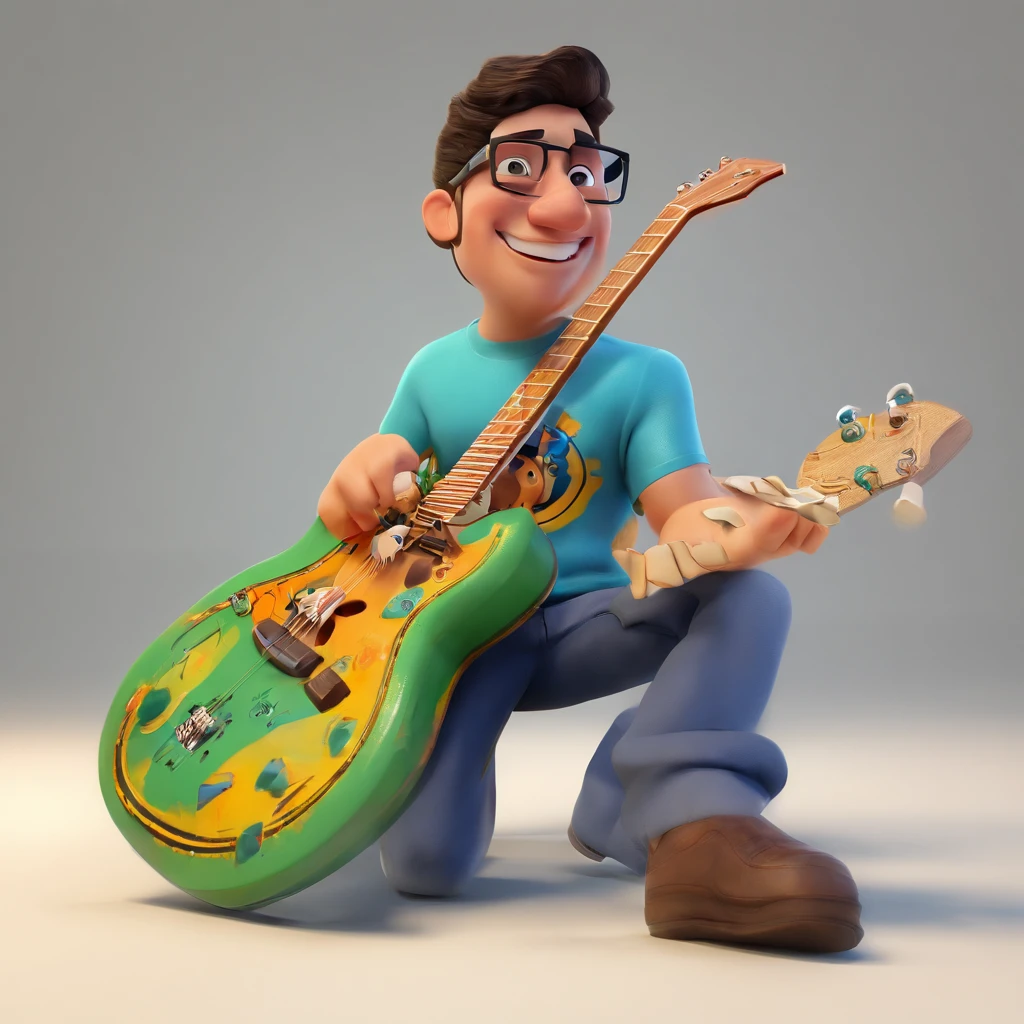 Criar um personagem no estilo Pixar. Trata-se de um homem por volta de 20 anos, moreno, olhos verdes, wears rectangular glasses, brincos de argola cromados nas duas orelhas, cabelo todo raspado, tocando um violao branco estilo guitarra, Tattoo on the left forearm of a guitar, camiseta azul bebe com um desenho de uma kombi e uma prancha de surf.