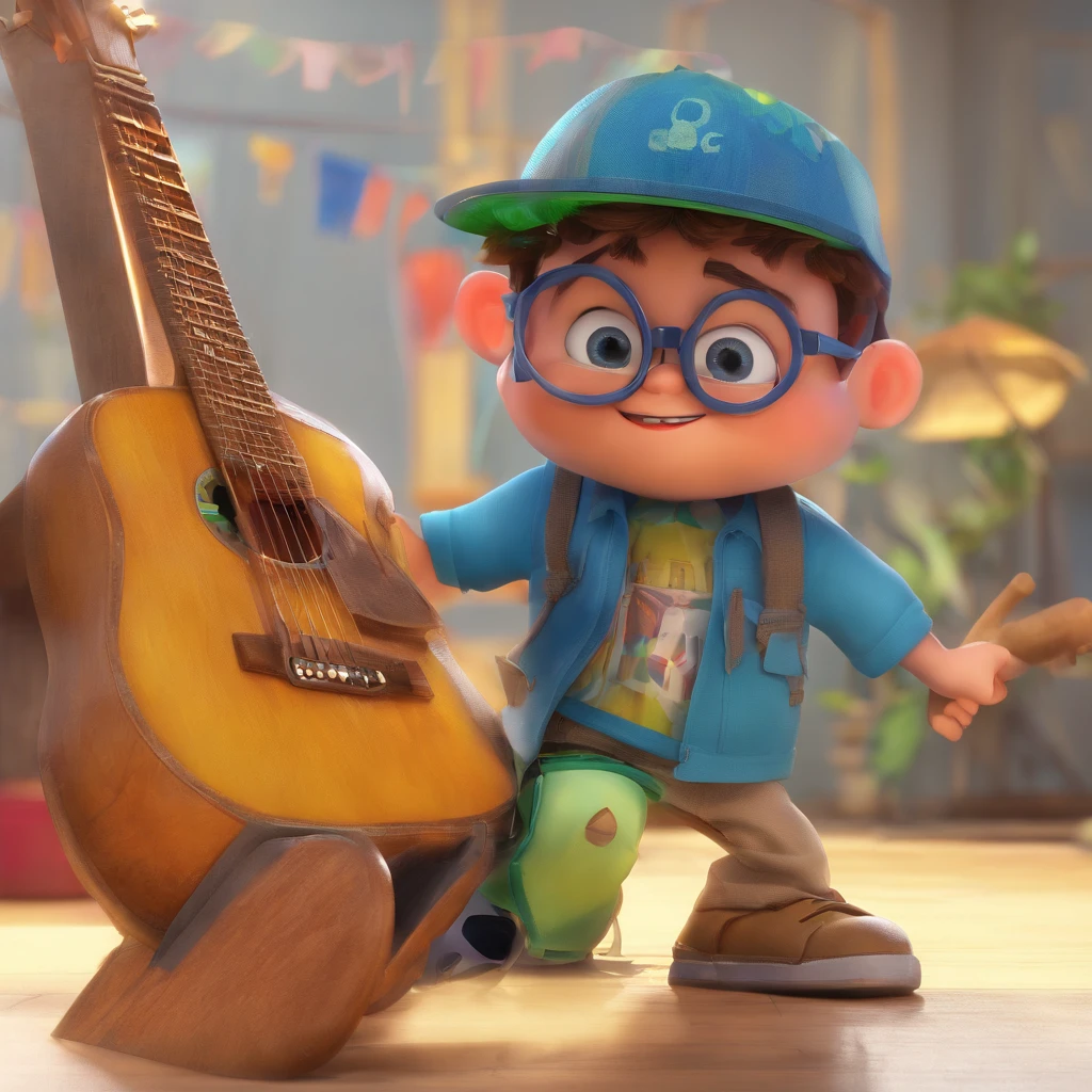 Criar um personagem no estilo Pixar. Trata-se de um homem por volta de 20 anos, moreno, olhos verdes, wears rectangular glasses, brincos de argola cromados nas duas orelhas, cabelo todo raspado, tocando um violao branco estilo guitarra, Tattoo on the left forearm of a guitar, camiseta azul bebe com um desenho de uma kombi e uma prancha de surf.