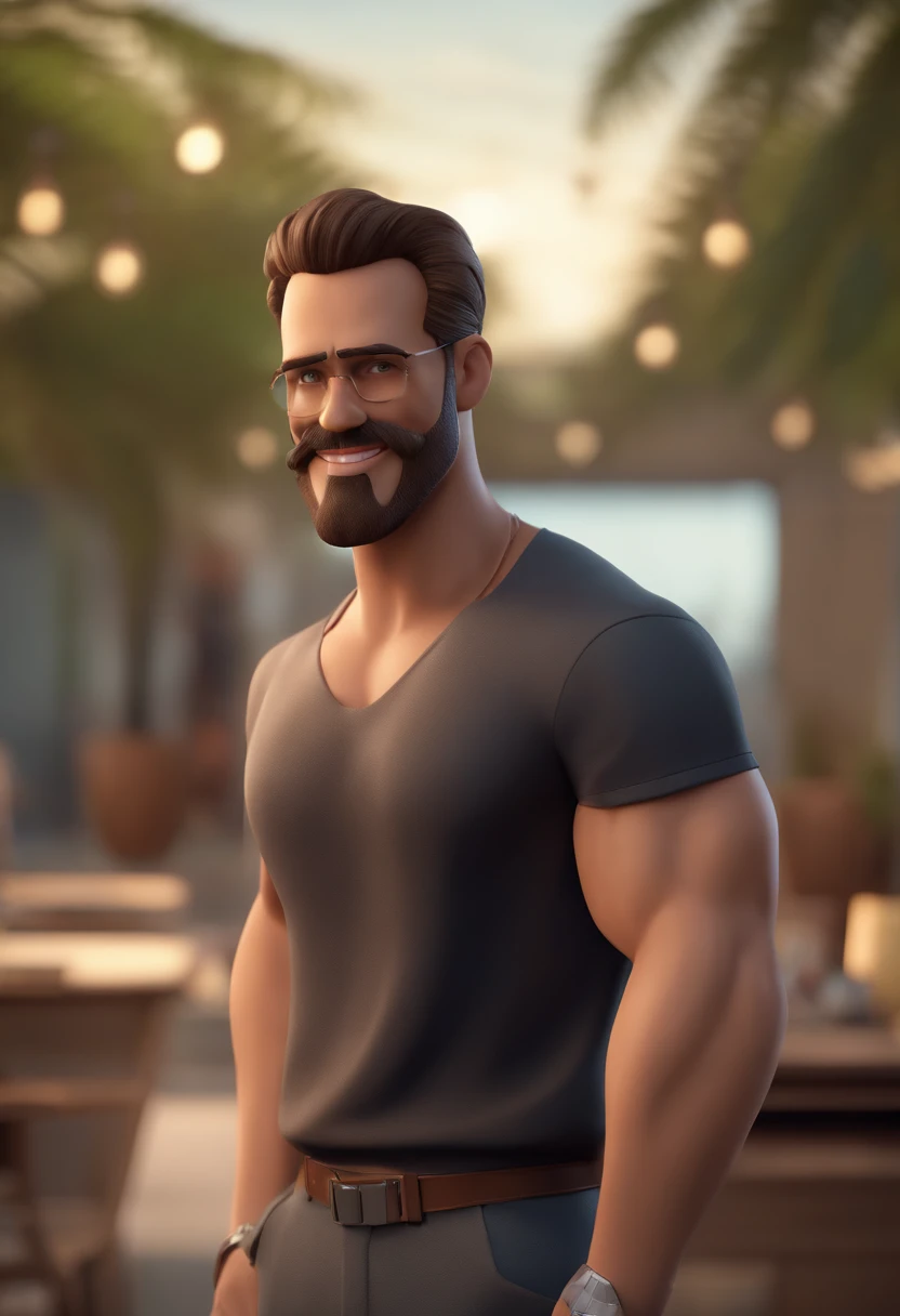 personagem dos desenhos animados de um homem jovem com bigode, barba e cabelo no estilo americano, with a black t-shirt standing making a pose and in the background his advertising office, Caractere estilizado, animation style rendering, 3D estilizado, Arnold Maya render, 3 d render stylized, toon render keyshot, Personagem 3D, Personagem 3D, 3d rendering stylized, 3 d character render, personagem de desenho animado, Personagem de close up, Pose de personagem, (Estilo Pixar) (master part:1.2) (Bokeh) (melhor qualidade) (pele detalhada) (textura detalhada) (8k) (argila) (Cinematic lighting) (foco nítido