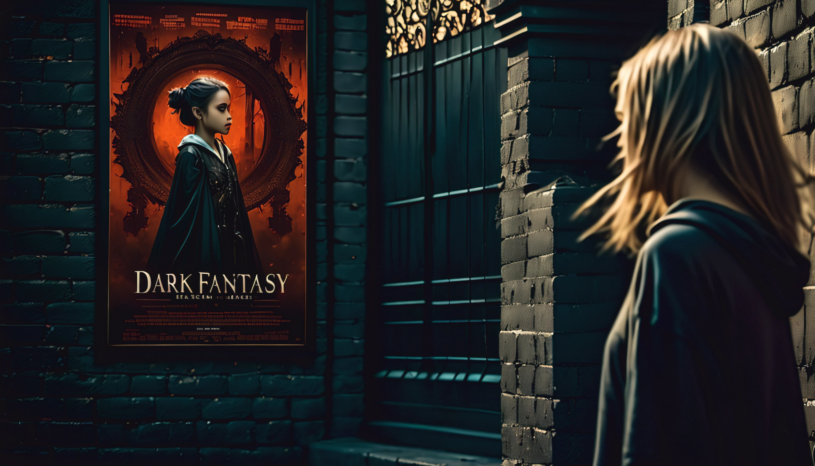 (((street-walls-pasted of dark fantasy with movie-poster:1.3))), (((girl looking at movie poster:1.3))), matte painting so detailed and layered that it feels like a real place, gothic-cityscape-street-wall background detail, intricate details, master piece,