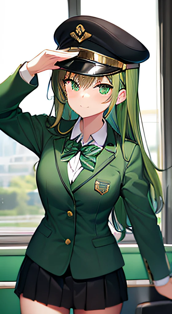 girl, (((green blazer))), (((black tight skirt))), regulation cap, train conductor, salute, in train crew,