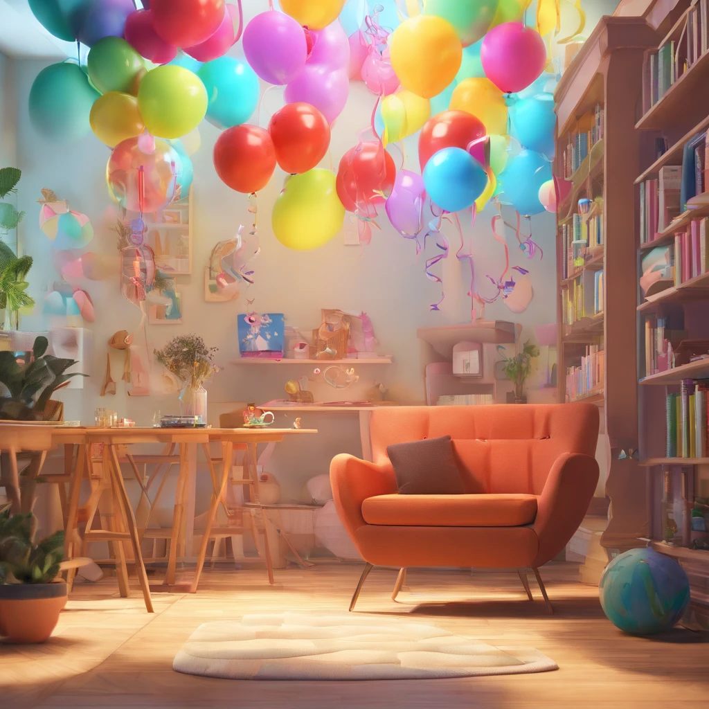 create a 3D movie poster inspired by Disney Pixar, The scene should be in Pixar's signature digital art style, com uma imagem de uma mulher parda, com cabelos curtos e lisos, um pouco grisalho, Wearing a pair of glasses, segurando uma tesoura e fita, On a table with multiple bows and ribbons,