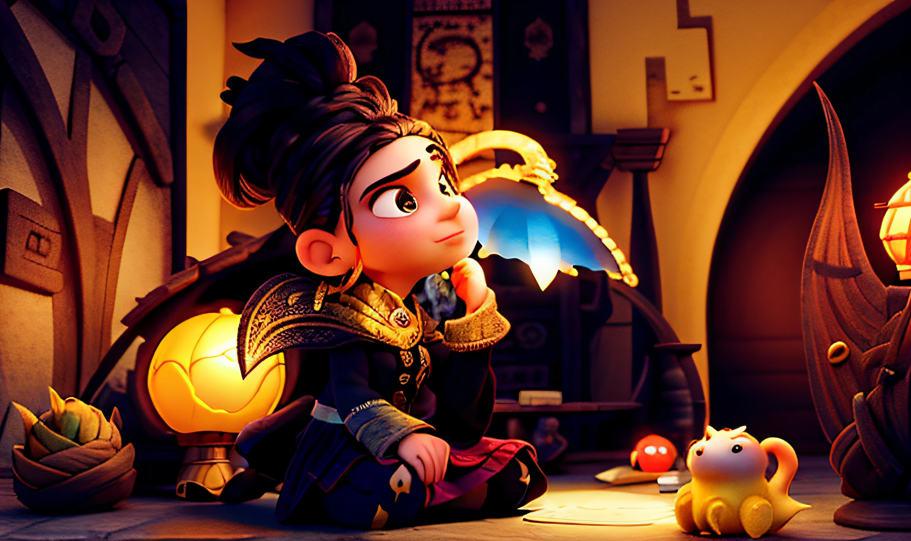 uma bruxa, illuminated by the light of a lamp, contra o pano de fundo de uma biblioteca, estilo pixar, alta qualidade , melhor qualidade