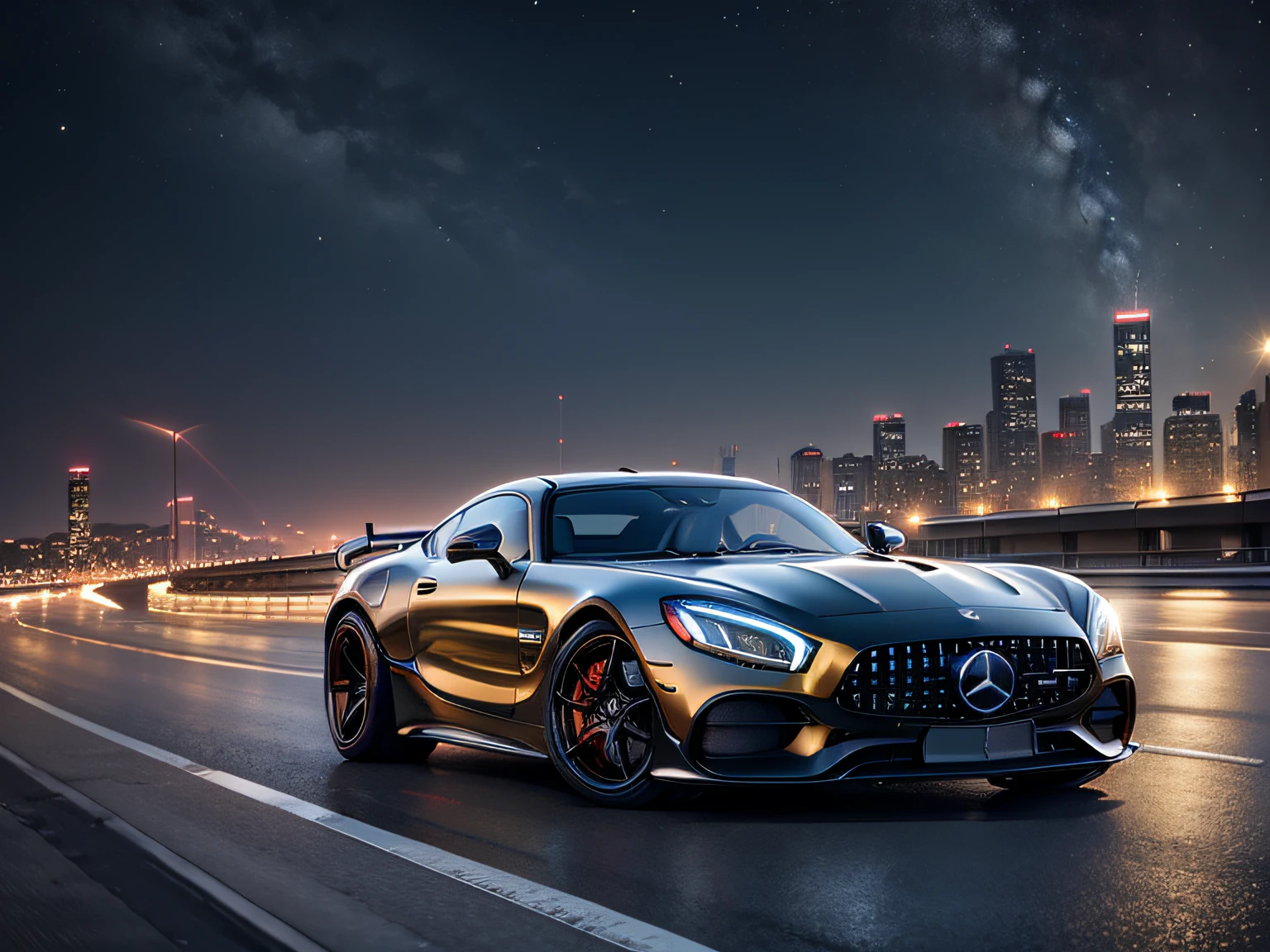 超A high resolution、An ultra-high picture quality、8K、Detailed details、marvelous expression、Big city at night、 Mercedes-AMG ONE(METALIC RED)Driving on the highway、Turn on the headlights、Ride beautifully through the highway at night、