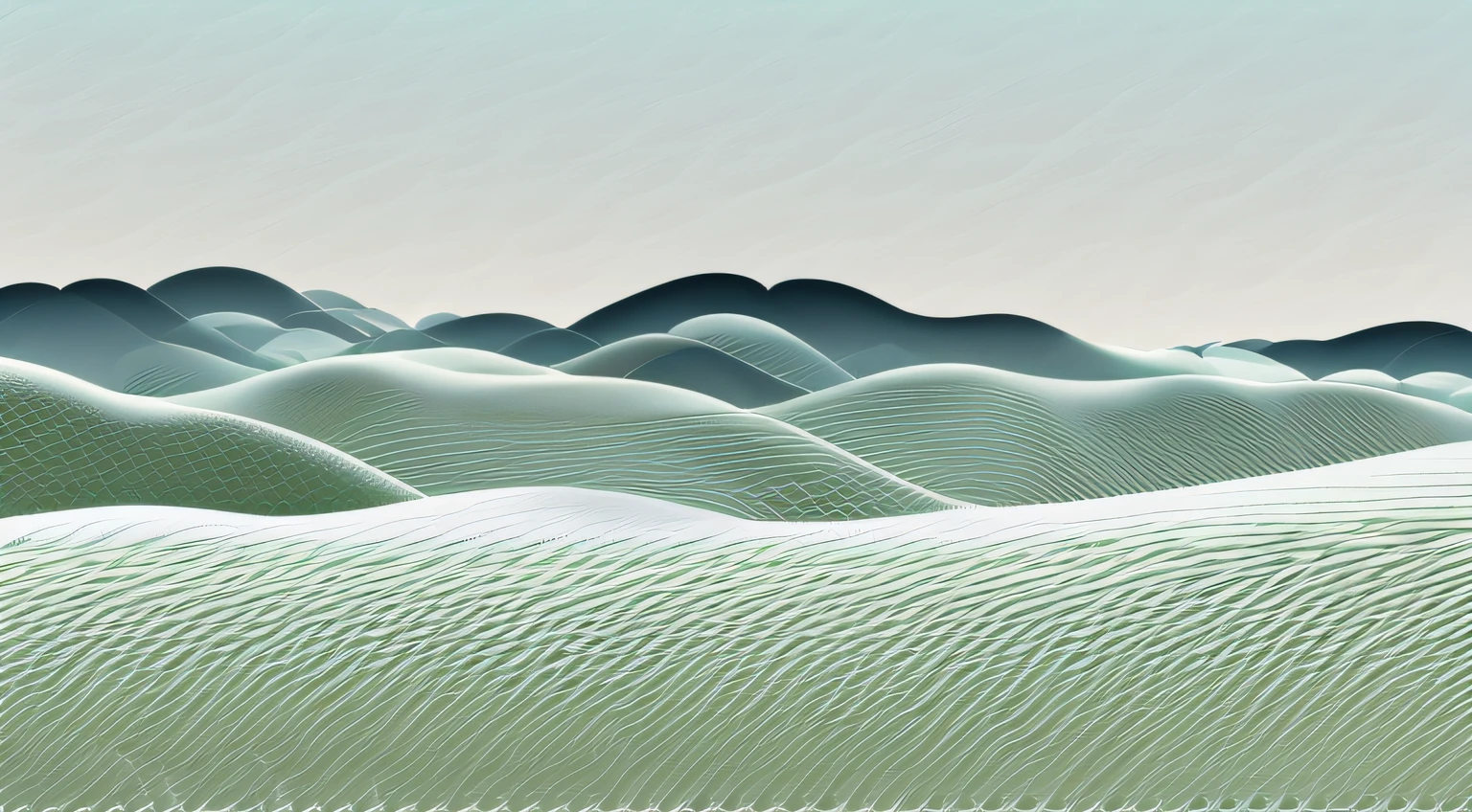 Monochromatic white landcape, made of gridlines and dots, isometric, mountains, hills, valleys, no people, no buildings, no roads, no trees.