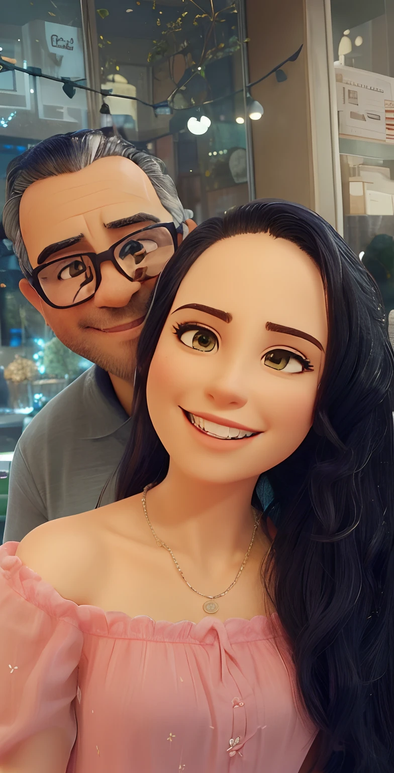Casal sorridentes, no shopping, mulher, 30 anos, cabelos pretos semi cachedos, homem, 40 anos, cabelos grisalhos, usando oculos de grau.