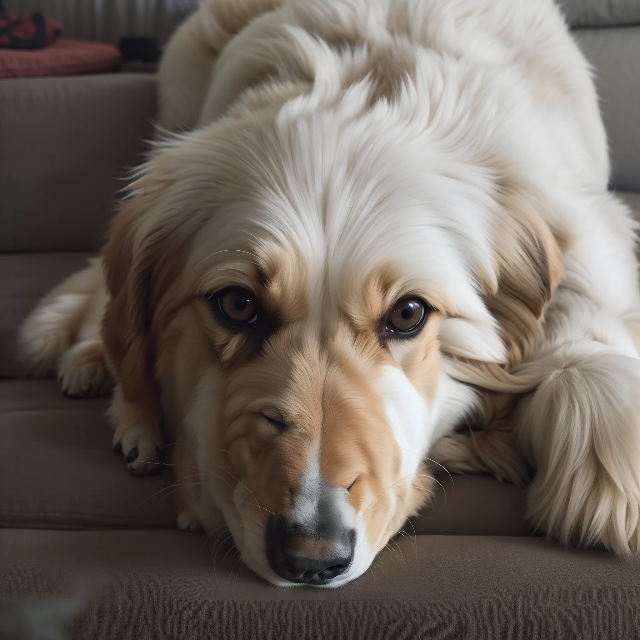 There's a dog that's lying on a couch, olhar desleixado, Mistura de Corgi e Doodle, Looking towards the camera, staring directly at camera, staring directly at camera, shy looking down, looking away from camera, parecendo cansado, muito bobo olhando, looking-into-camera, olhando de lado, ampliado, resting on a tough day, com nariz pequeno