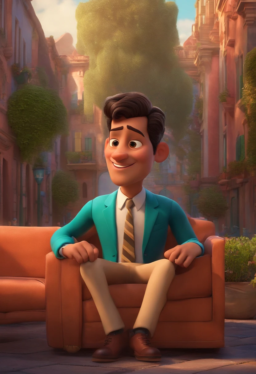 A city councilman looking at a dream project inspired by Pixar animation, de perto. The character takes center stage with captivating facial expressions, oferecendo um toque de irrealidade