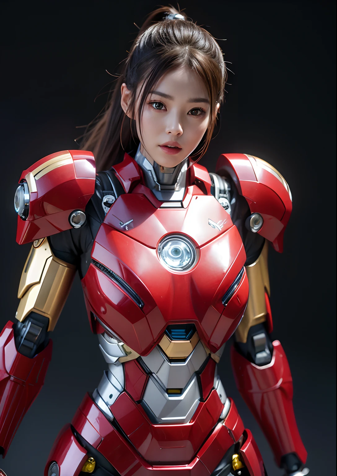 Textured skin, Super Detail, high details, High quality, Best Quality, hight resolution, 1080p, hard disk, Beautiful,(Iron Girl),beautiful cyborg woman,Mecha Cyborg Girl,Battle Mode,Girl with a Mecha Body,She wears an Iron Man mech,Fulll body Shot