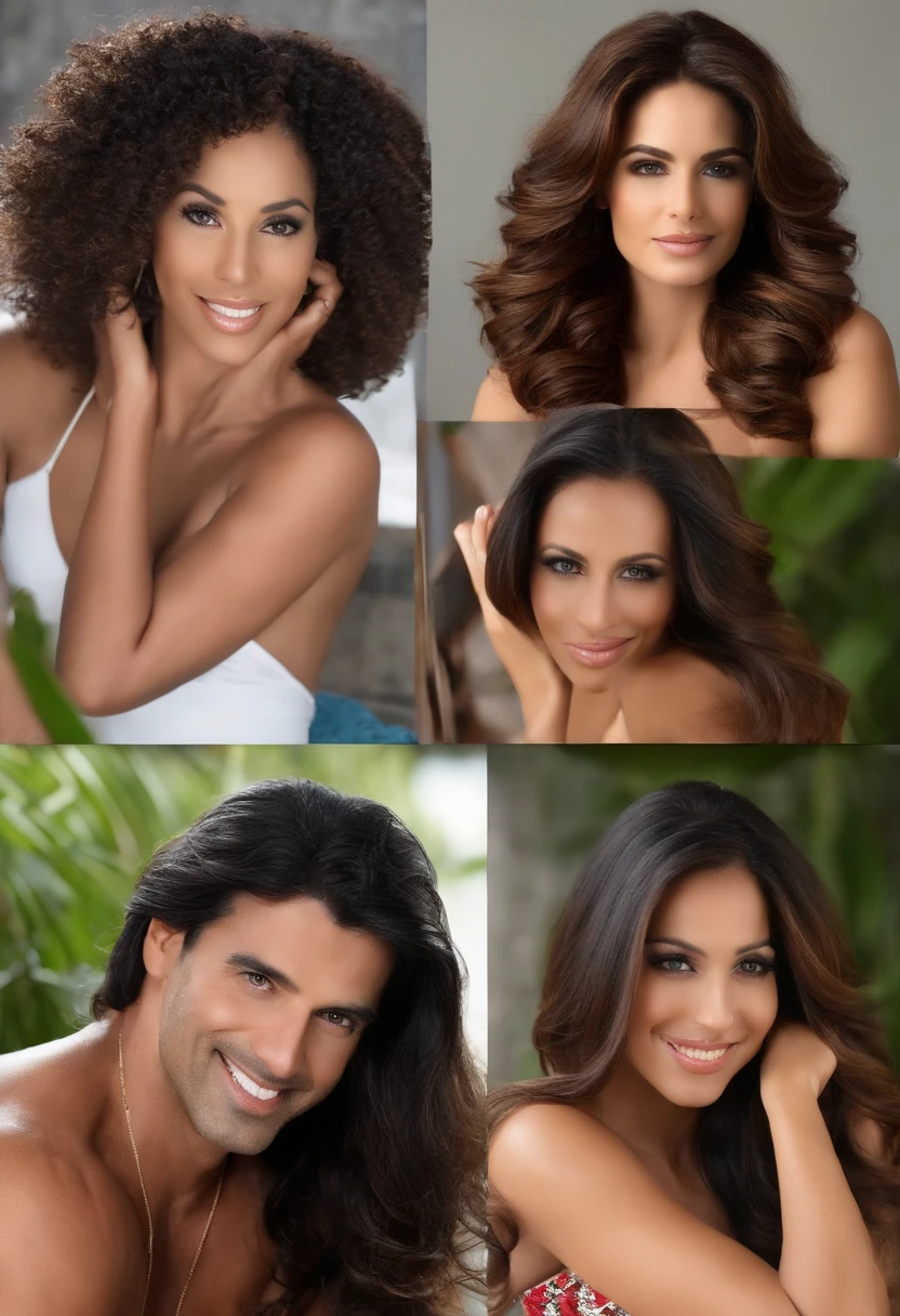 Homem: Sergio, aproximadamente 40 anos de idade, cabelo grisalho estilo Disney, olhos castanhos e sorriso. Mulher: Dayse, 40 anos, cabelos longos, pretos, olhos castanhos. Garota: Andressa, , longos cabelos ondulados e olhos pretos. scenecy: Sergio, Dayse and Andressa are in a beautiful happy house..