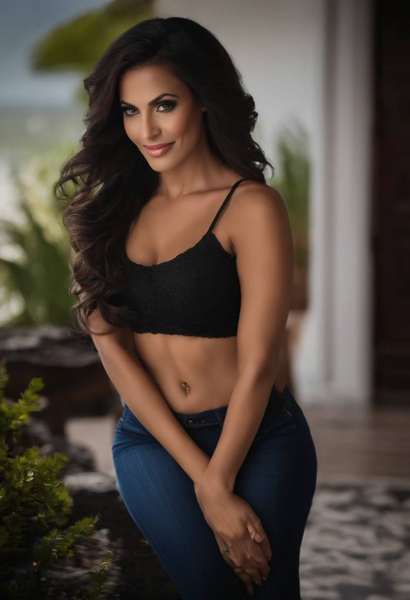 Real live entire body photo of Ana Cheri (age 16 years, full makeup, showing her bellybutton piercing, beautiful long haircut, tattoed, laughing, busty) sited on a sofa with open legs grabbing self knee one leg up wearing the 1 centimeter minor bikini ever, very oiled body, photo by Hasselblad X1D-50c Fujifilm defocused background viewed by fisheye lenses