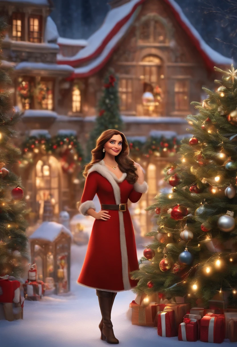 Make a Pixar-style character. She is a 40-year-old white woman with long, straight brown hair and honey-colored eyes. She must wear a white shirt, small gold earrings and a gold necklace. she is in a christmas village, with tree, santa claus, snowman, garlands,