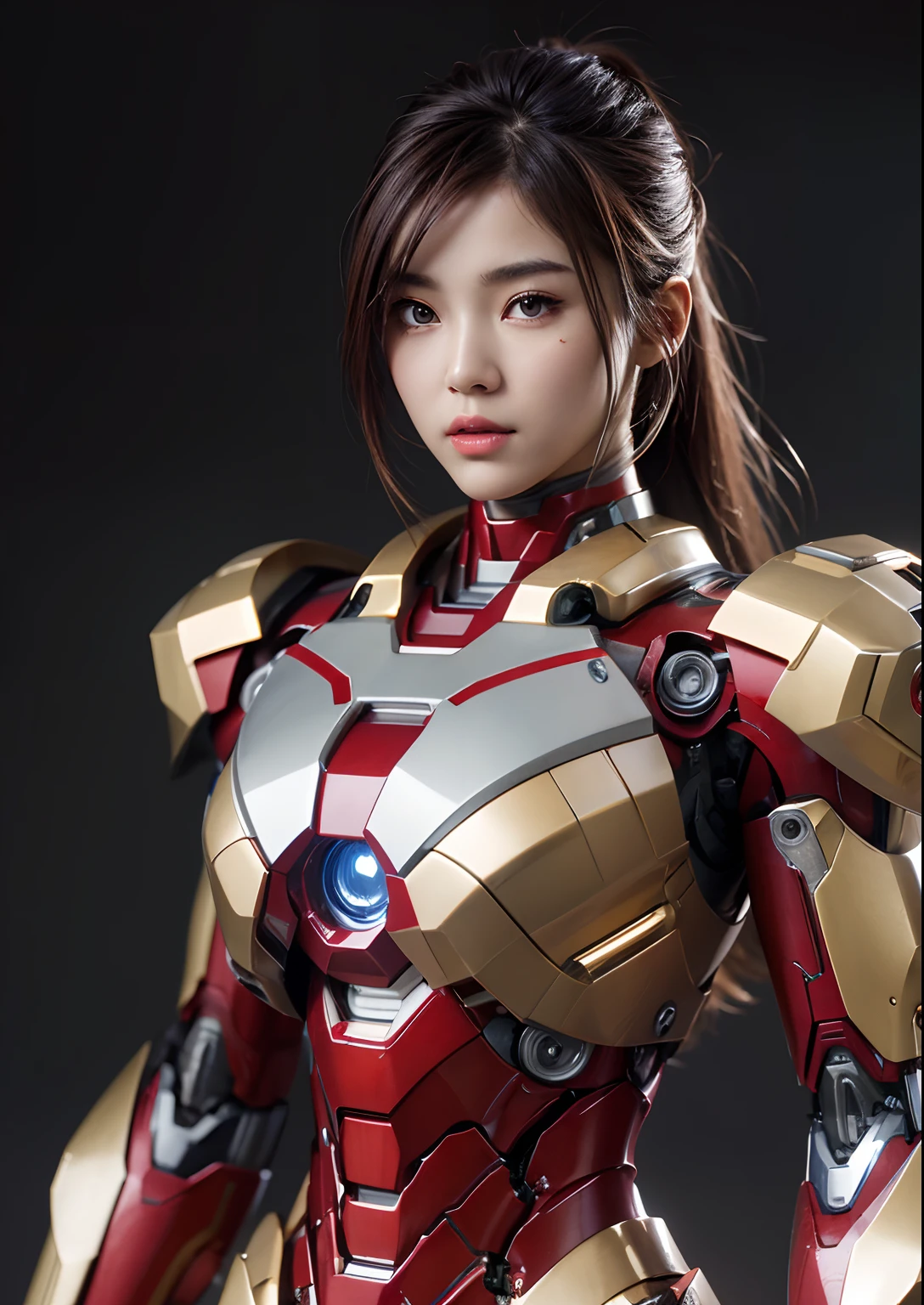 Textured skin, Super Detail, high details, High quality, Best Quality, hight resolution, 1080p, hard disk, Beautiful,(Iron Girl),beautiful cyborg woman,Mecha Cyborg Girl,Battle Mode,Girl with a Mecha Body,She wears an Iron Man mech,Fulll body Shot