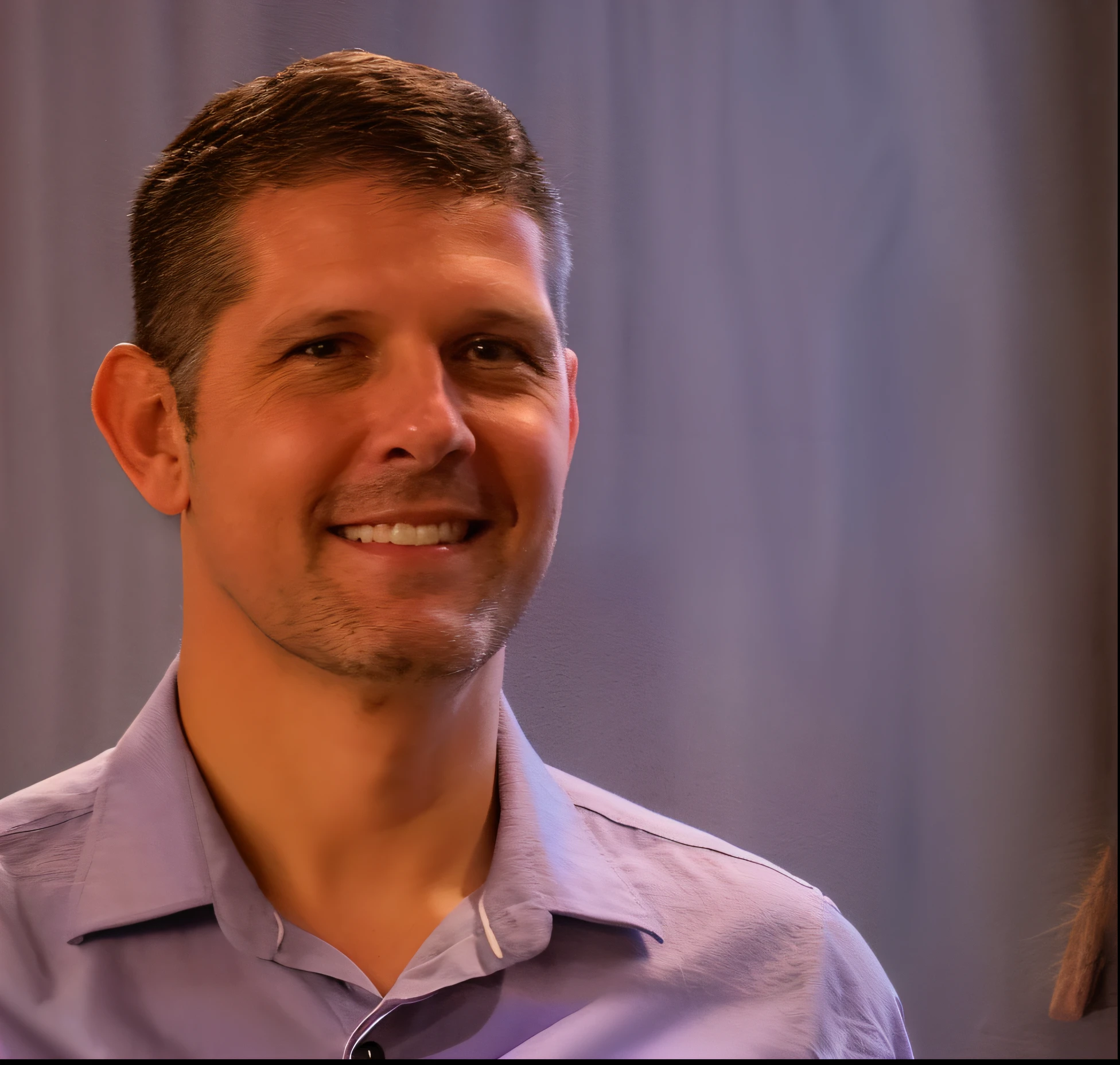 Smiling man in purple shirt standing in front of a curtain, Pete Morbacher, Greg Rutkowsky, Greg Rutkowki, Gustavo Dore, Greg Rutkovsky, Greg Rutkovski, Scott Wozniak, Dan DeCarlo, Greg Rutkowsi, Greg Rutkowsk, Jeremy Lipkin, Jason Scheier, Greg Rukowski, Brian Pulido