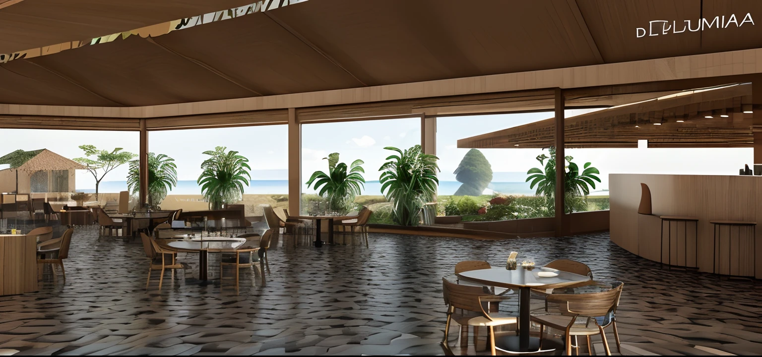 Ahead: restaurant in Brasilia, cobertura de madeira, sem janelas de vidro, No division, Wooden tables in the lounge, banheiro na esquerda em ripado de madeira, piso de pedras, ao fundo: grama, vegetation, Sicilian lemon tree and more tables, blue skies. render 3D, fotorealista, architecture, lago ao fundo, Plains landscape