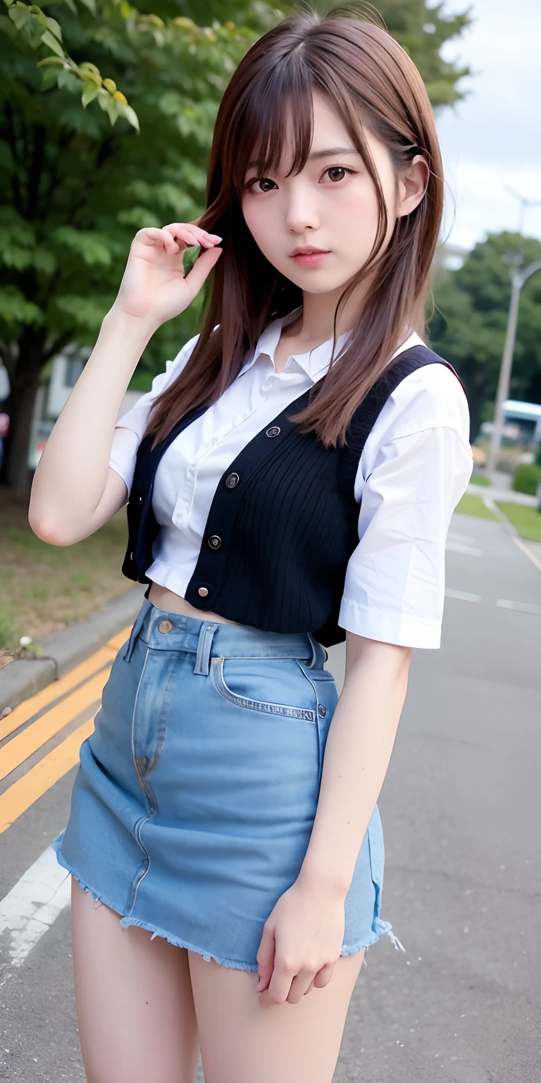 Mai Shiraishi, 1 girl, high school style, in front of the school gate, bust 88, waist 58, hips 85, brown hair, bob, (8k, RAW photo, top quality, masterpiece: 1.2), (realistic, photoreal: 1.37),