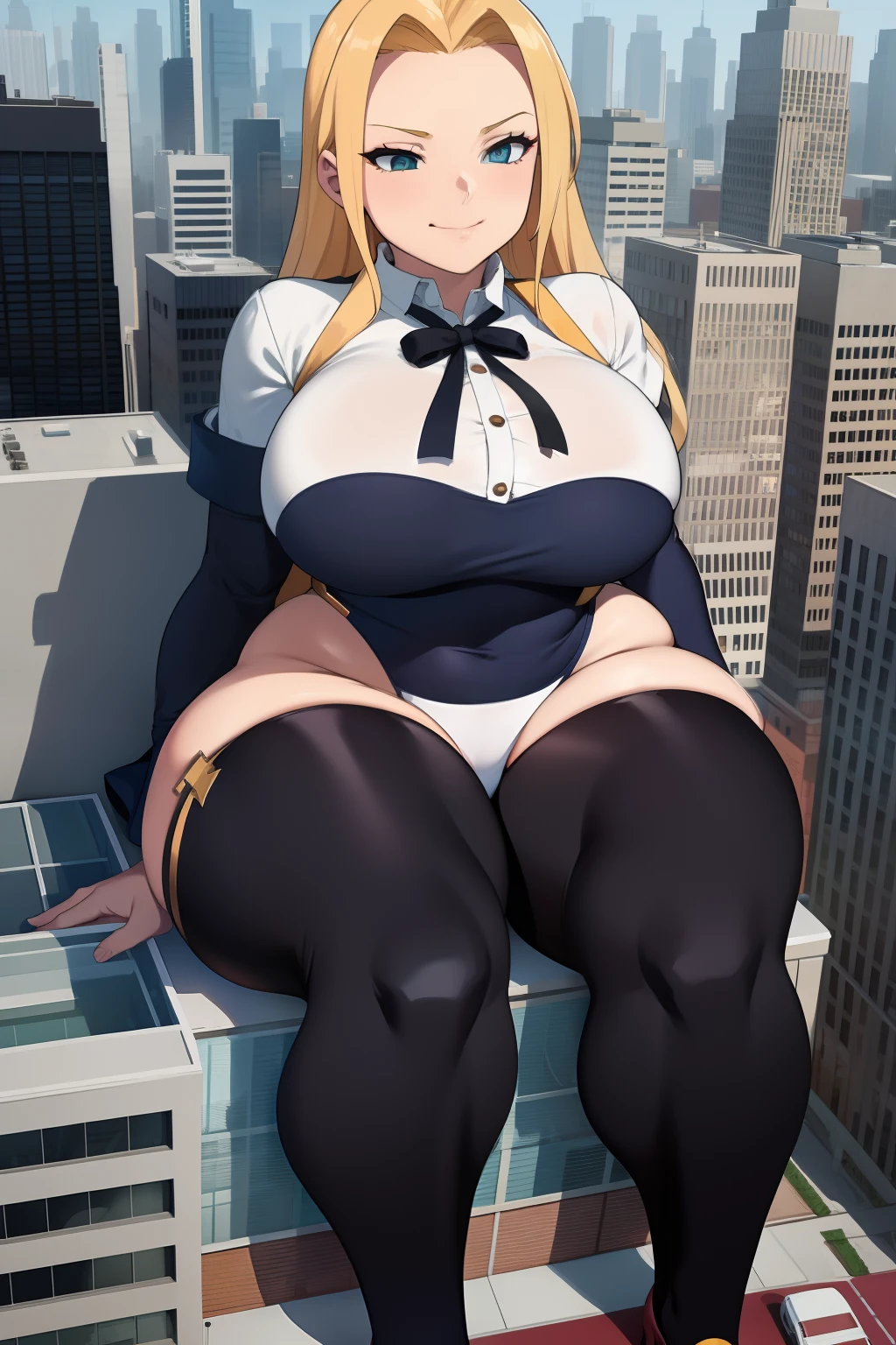 GTS, giantess, curvy, busty, smirk, evil, thick thighs, sitting down, aerial view