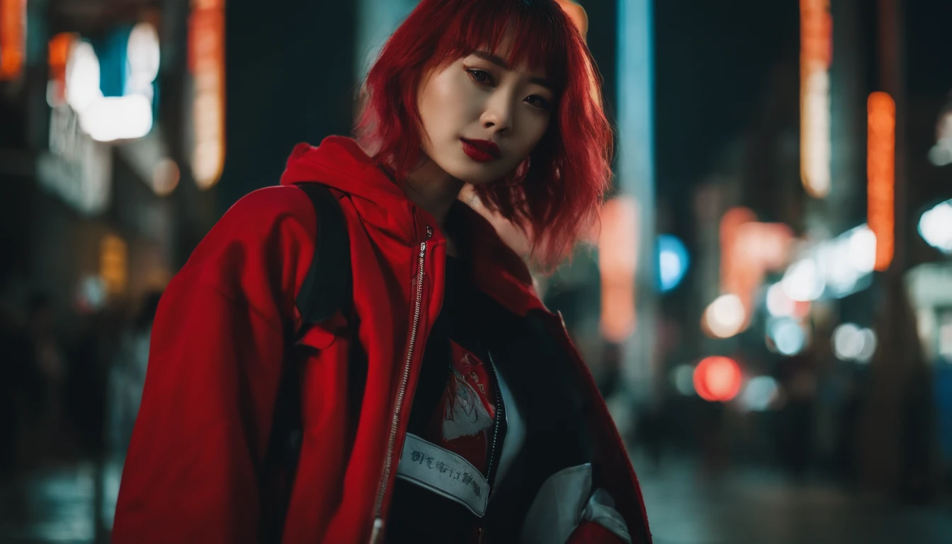 Japanese girl,pale skin,beautifull face,Rose hair,red sweater,Tokyo at night, Cyberpunk style,Japanese streetwear,Tokyo Fashion,In the Cyberpunk jacket 2 0 7 7,full-length,attractive pose