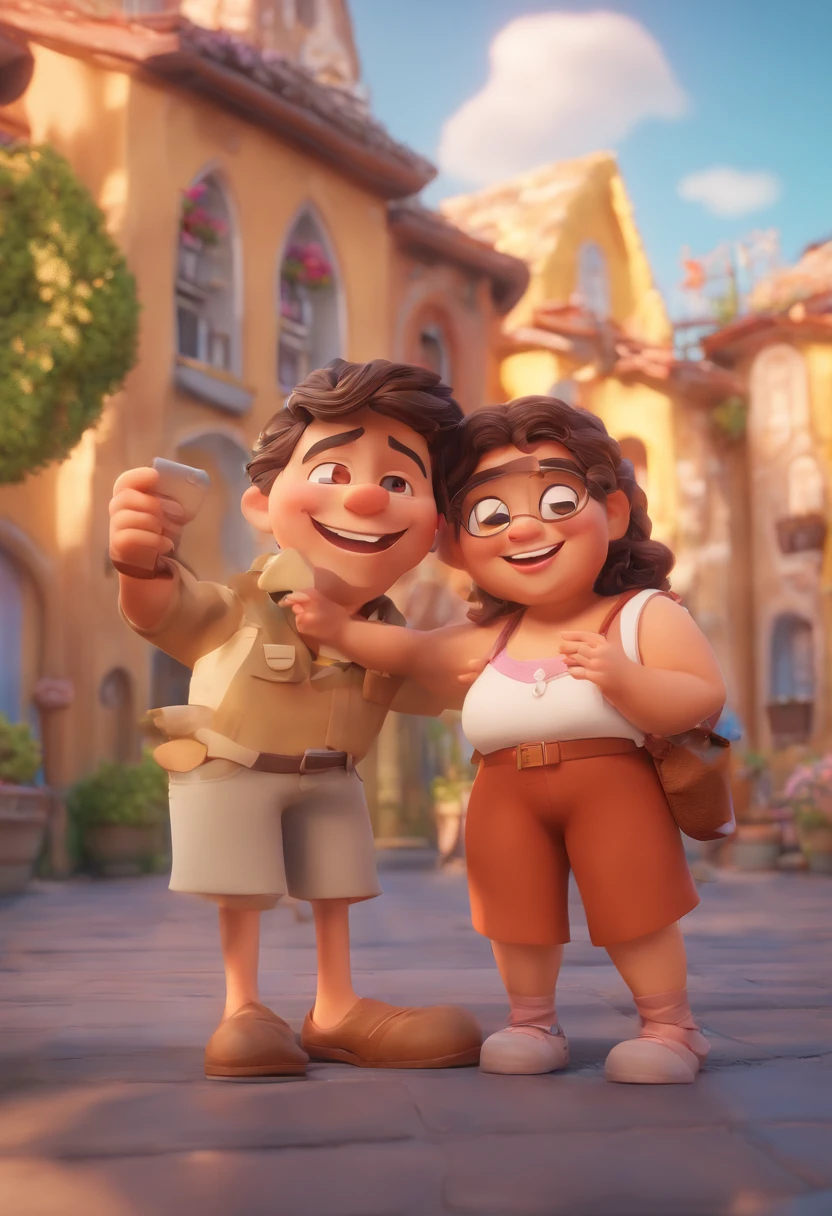 An illustration of an adorable couple, Highlight for a smiling chubby man and a woman with beautiful expressive eyes - the man's skin is mulatto and the man's hair has, while the woman's skin is black and the woman's hair is curly and brown. They are a bright room, cada um com um sorriso no rosto, e compartilhar um momento especial caracterizado pelo amor, Insights. Illustrate this scene from a perspective where they are facing the camera, Smiling and Showing Your Connection. Desenvolva esta arte em Full HD, Focus on your cinematic touch, Estilo Disney Pixar Animations