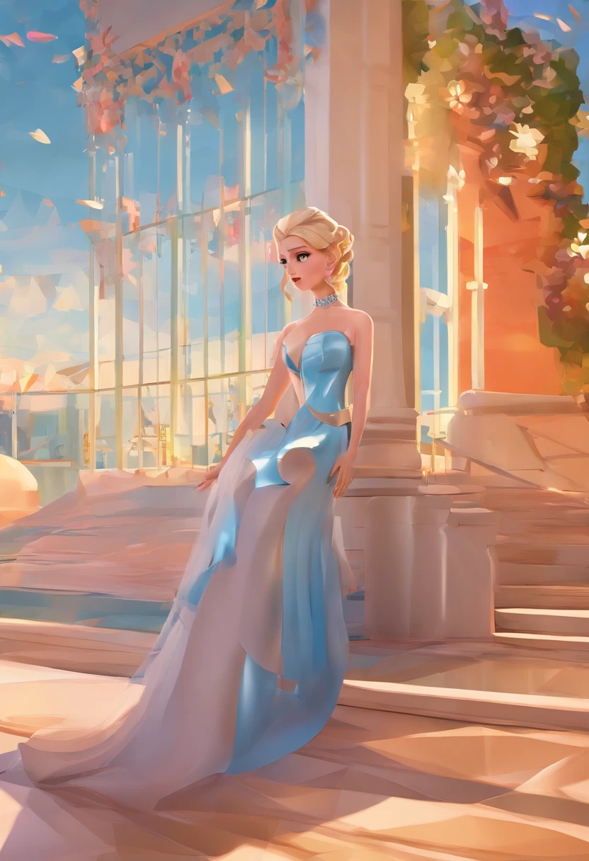 best quality, master part, fotorrealista, extremamente detalhado CG unidade 8k papel de parede, Chibi,1girl, Elsa,sozinho, cheio_corpo, sorrir, Olhando_em_visualizador, ao ar livre,