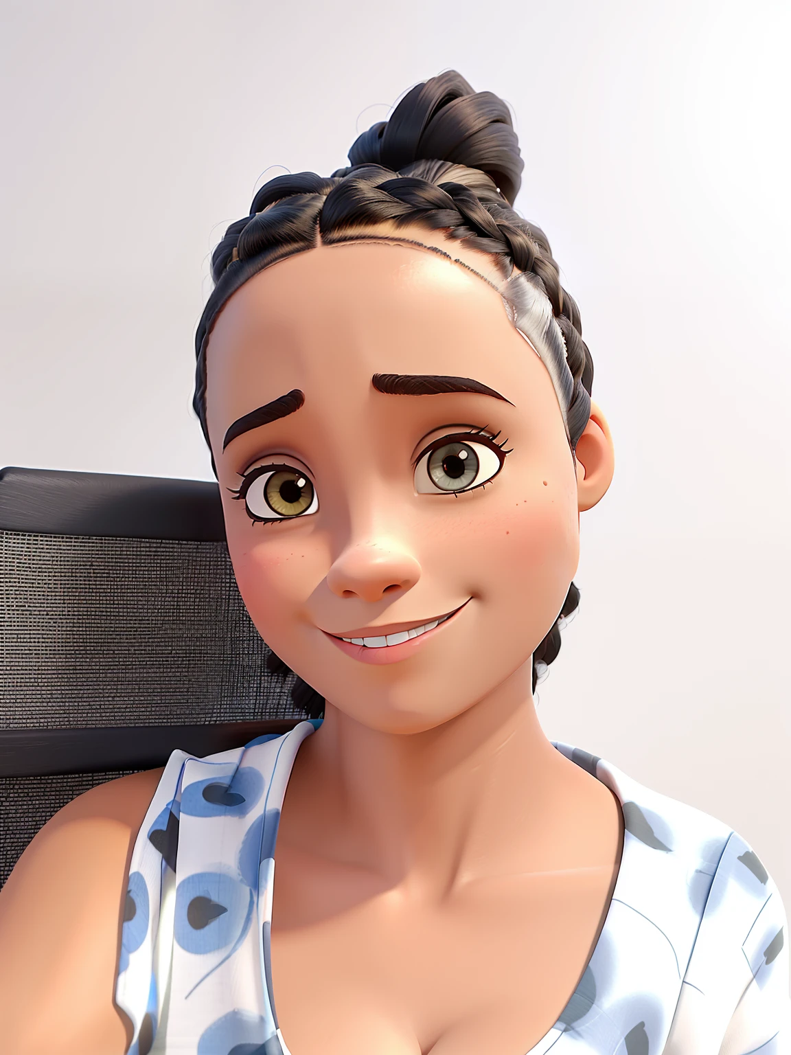Criar cartaz inspirado na Pixar de uma bela jovem negra de pele clara, cabelo em coque, sentada lendo um livro na varanda