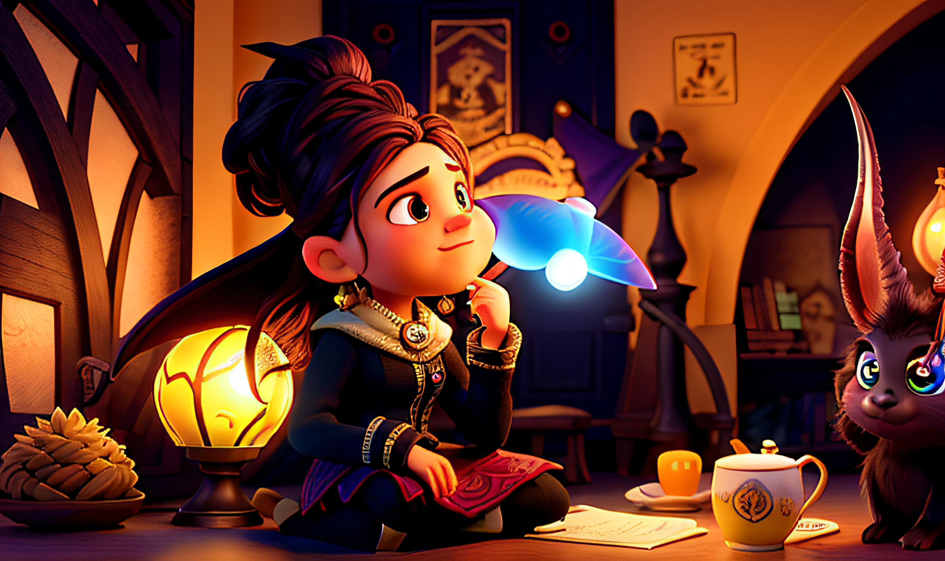 uma bruxa, illuminated by the light of a lamp, contra o pano de fundo de uma biblioteca, estilo pixar, alta qualidade , melhor qualidade, ao lado de uma serpente rosa, mais velha